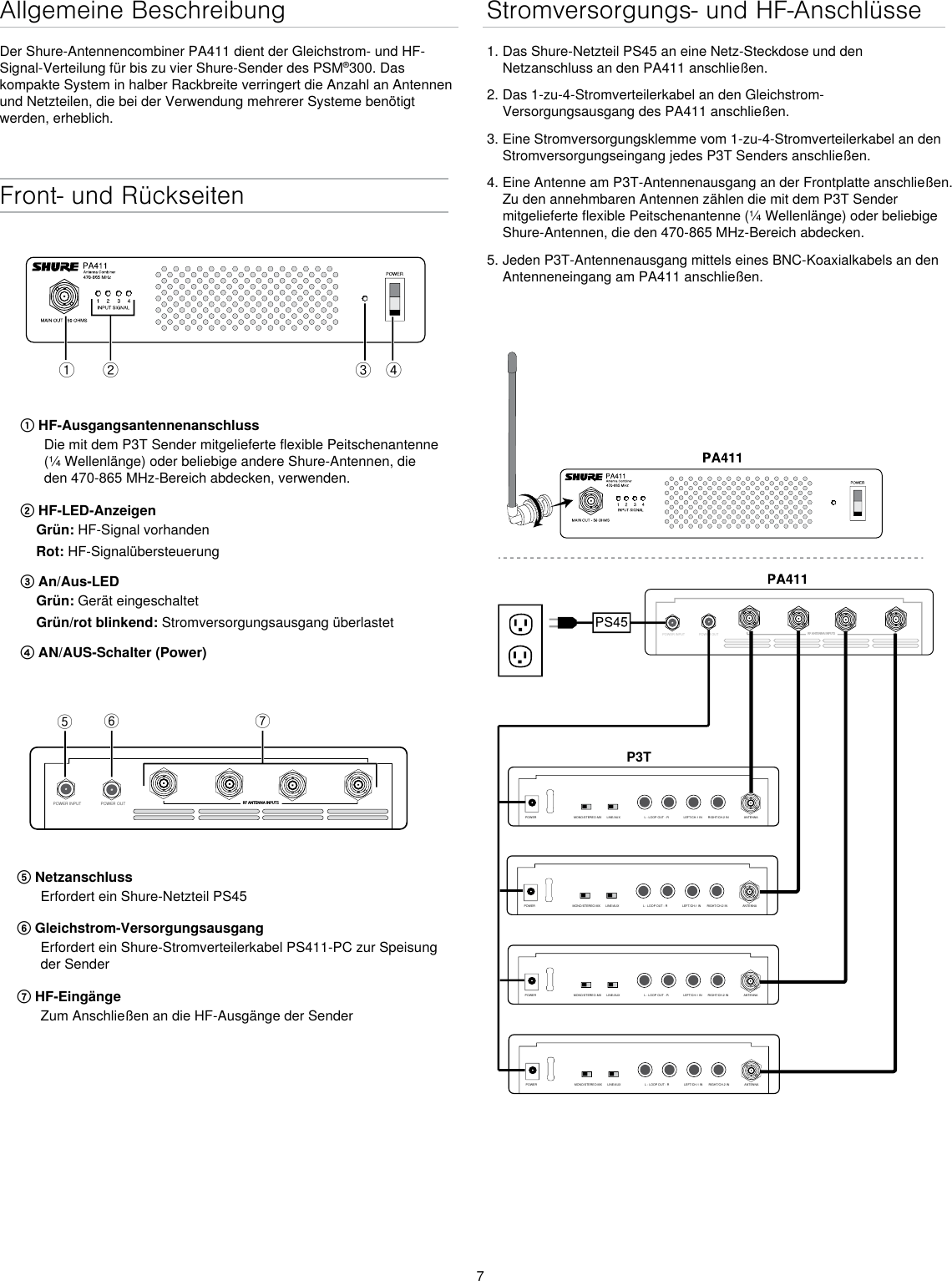 7Allgemeine BeschreibungDer Shure-Antennencombiner PA411 dient der Gleichstrom- und HF-Signal-Verteilung für bis zu vier Shure-Sender des PSM®300. Das kompakte System in halber Rackbreite verringert die Anzahl an Antennen und Netzteilen, die bei der Verwendung mehrerer Systeme benötigt werden, erheblich.Front- und Rückseitenྙ ྚ ྛ ྜPOWER INPUT POWER OUT RF ANTENNA INPUTSྜྷྞྟ① HF-AusgangsantennenanschlussDie mit dem P3T Sender mitgelieferte flexible Peitschenantenne (¼ Wellenlänge) oder beliebige andere Shure-Antennen, die den 470-865 MHz-Bereich abdecken, verwenden.② HF-LED-AnzeigenGrün: HF-Signal vorhandenRot: HF-Signalübersteuerung③ An/Aus-LEDGrün: Gerät eingeschaltetGrün/rot blinkend: Stromversorgungsausgang überlastet④ AN/AUS-Schalter (Power)⑤ NetzanschlussErfordert ein Shure-Netzteil PS45 ⑥ Gleichstrom-VersorgungsausgangErfordert ein Shure-Stromverteilerkabel PS411-PC zur Speisung der Sender⑦ HF-EingängeZum Anschließen an die HF-Ausgänge der SenderStromversorgungs- und HF-Anschlüsse1. Das Shure-Netzteil PS45 an eine Netz-Steckdose und den Netzanschluss an den PA411 anschließen.2. Das 1-zu-4-Stromverteilerkabel an den Gleichstrom-Versorgungsausgang des PA411 anschließen. 3. Eine Stromversorgungsklemme vom 1-zu-4-Stromverteilerkabel an den Stromversorgungseingang jedes P3T Senders anschließen.4. Eine Antenne am P3T-Antennenausgang an der Frontplatte anschließen. Zu den annehmbaren Antennen zählen die mit dem P3T Sender mitgelieferte flexible Peitschenantenne (¼ Wellenlänge) oder beliebige Shure-Antennen, die den 470-865 MHz-Bereich abdecken. 5. Jeden P3T-Antennenausgang mittels eines BNC-Koaxialkabels an den Antenneneingang am PA411 anschließen.POWER INPUTPOWER OUTRF ANTENNA INPUTSP3TMONO/STEREO-MX LINE/AUX LEFT/CH.1 IN RIGHT/CH.2 INL - LOOP OUT - R ANTENNAPOWERMONO/STEREO-MX LINE/AUX LEFT/CH.1 IN RIGHT/CH.2 INL - LOOP OUT - R ANTENNAPOWERMONO/STEREO-MX LINE/AUX LEFT/CH.1 IN RIGHT/CH.2 INL - LOOP OUT - R ANTENNAPOWERMONO/STEREO-MX LINE/AUX LEFT/CH.1 IN RIGHT/CH.2 INL - LOOP OUT - R ANTENNAPOWER