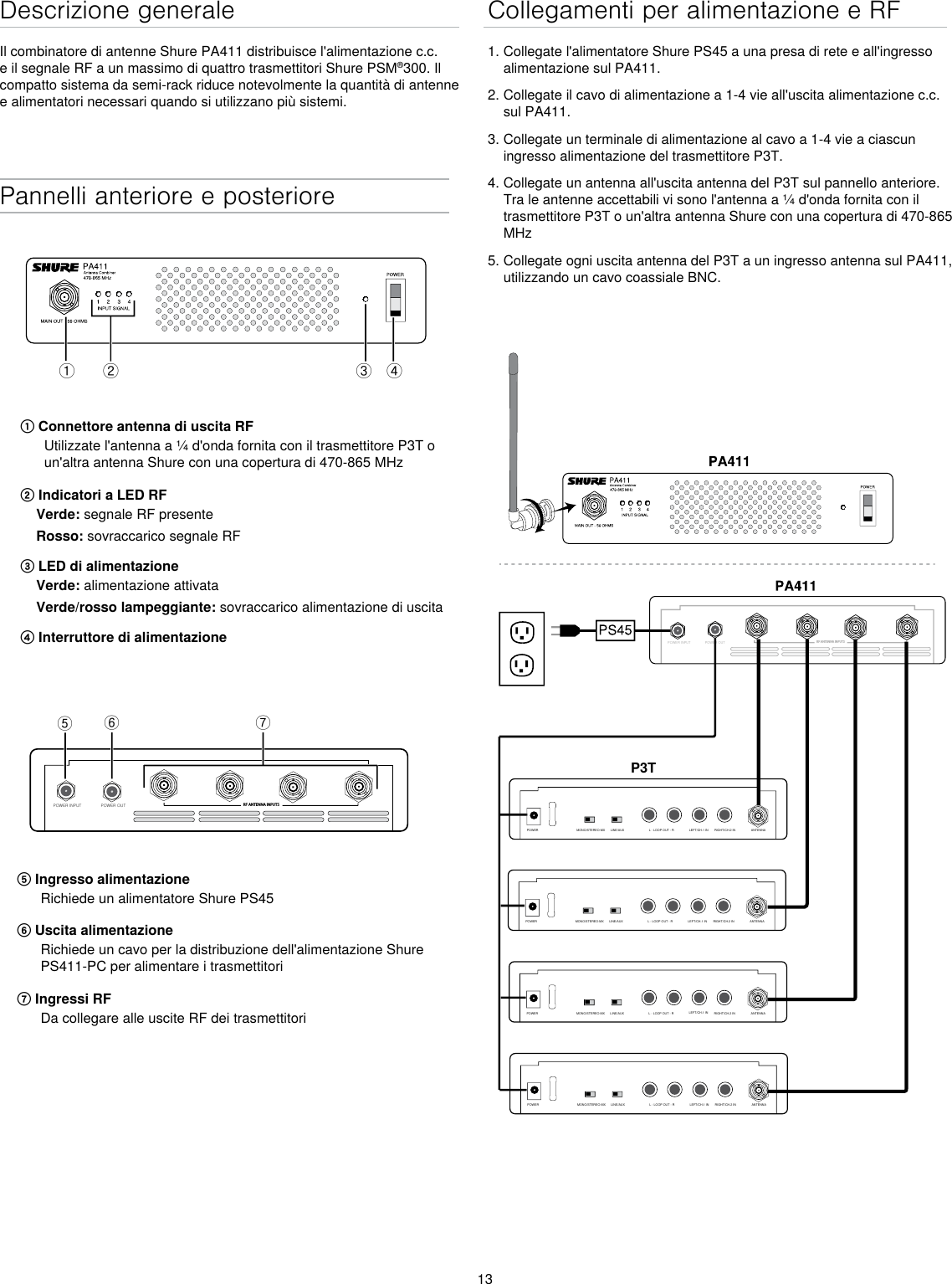 13Descrizione generaleIl combinatore di antenne Shure PA411 distribuisce l&apos;alimentazione c.c. e il segnale RF a un massimo di quattro trasmettitori Shure PSM®300. Il compatto sistema da semi-rack riduce notevolmente la quantità di antenne e alimentatori necessari quando si utilizzano più sistemi.Pannelli anteriore e posterioreྙ ྚ ྛ ྜPOWER INPUT POWER OUT RF ANTENNA INPUTSྜྷྞྟ① Connettore antenna di uscita RFUtilizzate l&apos;antenna a ¼ d&apos;onda fornita con il trasmettitore P3T o un&apos;altra antenna Shure con una copertura di 470-865 MHz② Indicatori a LED RFVerde: segnale RF presenteRosso: sovraccarico segnale RF③ LED di alimentazioneVerde: alimentazione attivataVerde/rosso lampeggiante: sovraccarico alimentazione di uscita④ Interruttore di alimentazione⑤ Ingresso alimentazioneRichiede un alimentatore Shure PS45 ⑥ Uscita alimentazioneRichiede un cavo per la distribuzione dell&apos;alimentazione Shure PS411-PC per alimentare i trasmettitori⑦ Ingressi RFDa collegare alle uscite RF dei trasmettitoriCollegamenti per alimentazione e RF1. Collegate l&apos;alimentatore Shure PS45 a una presa di rete e all&apos;ingresso alimentazione sul PA411.2. Collegate il cavo di alimentazione a 1-4 vie all&apos;uscita alimentazione c.c. sul PA411. 3. Collegate un terminale di alimentazione al cavo a 1-4 vie a ciascun ingresso alimentazione del trasmettitore P3T.4. Collegate un antenna all&apos;uscita antenna del P3T sul pannello anteriore. Tra le antenne accettabili vi sono l&apos;antenna a ¼ d&apos;onda fornita con il trasmettitore P3T o un&apos;altra antenna Shure con una copertura di 470-865 MHz 5. Collegate ogni uscita antenna del P3T a un ingresso antenna sul PA411, utilizzando un cavo coassiale BNC.POWER INPUTPOWER OUTRF ANTENNA INPUTSP3TMONO/STEREO-MX LINE/AUX LEFT/CH.1 IN RIGHT/CH.2 INL - LOOP OUT - R ANTENNAPOWERMONO/STEREO-MX LINE/AUX LEFT/CH.1 IN RIGHT/CH.2 INL - LOOP OUT - R ANTENNAPOWERMONO/STEREO-MX LINE/AUX LEFT/CH.1 IN RIGHT/CH.2 INL - LOOP OUT - R ANTENNAPOWERMONO/STEREO-MX LINE/AUX LEFT/CH.1 IN RIGHT/CH.2 INL - LOOP OUT - R ANTENNAPOWER