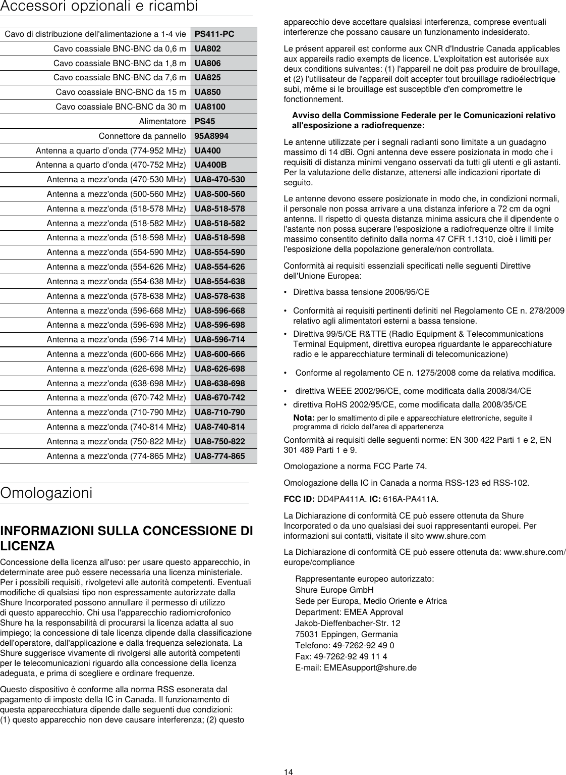 14Accessori opzionali e ricambiCavo di distribuzione dell&apos;alimentazione a 1-4 vie PS411-PCCavo coassiale BNC-BNC da 0,6 m UA802Cavo coassiale BNC-BNC da 1,8 m UA806Cavo coassiale BNC-BNC da 7,6 m UA825Cavo coassiale BNC-BNC da 15 m UA850Cavo coassiale BNC-BNC da 30 m UA8100Alimentatore PS45Connettore da pannello 95A8994Antenna a quarto d’onda (774-952 MHz) UA400Antenna a quarto d’onda (470-752 MHz) UA400BAntenna a mezz&apos;onda (470-530 MHz) UA8-470-530Antenna a mezz&apos;onda (500-560 MHz) UA8-500-560Antenna a mezz&apos;onda (518-578 MHz) UA8-518-578Antenna a mezz&apos;onda (518-582 MHz) UA8-518-582Antenna a mezz&apos;onda (518-598 MHz) UA8-518-598Antenna a mezz&apos;onda (554-590 MHz) UA8-554-590Antenna a mezz&apos;onda (554-626 MHz) UA8-554-626Antenna a mezz&apos;onda (554-638 MHz) UA8-554-638Antenna a mezz&apos;onda (578-638 MHz) UA8-578-638Antenna a mezz&apos;onda (596-668 MHz) UA8-596-668Antenna a mezz&apos;onda (596-698 MHz) UA8-596-698Antenna a mezz&apos;onda (596-714 MHz) UA8-596-714Antenna a mezz&apos;onda (600-666 MHz) UA8-600-666Antenna a mezz&apos;onda (626-698 MHz) UA8-626-698Antenna a mezz&apos;onda (638-698 MHz) UA8-638-698Antenna a mezz&apos;onda (670-742 MHz) UA8-670-742Antenna a mezz&apos;onda (710-790 MHz) UA8-710-790Antenna a mezz&apos;onda (740-814 MHz) UA8-740-814Antenna a mezz&apos;onda (750-822 MHz) UA8-750-822Antenna a mezz&apos;onda (774-865 MHz) UA8-774-865OmologazioniINFORMAZIONI SULLA CONCESSIONE DI LICENZAConcessione della licenza all&apos;uso: per usare questo apparecchio, in determinate aree può essere necessaria una licenza ministeriale. Per i possibili requisiti, rivolgetevi alle autorità competenti. Eventuali modifiche di qualsiasi tipo non espressamente autorizzate dalla Shure Incorporated possono annullare il permesso di utilizzo di questo apparecchio. Chi usa l&apos;apparecchio radiomicrofonico Shure ha la responsabilità di procurarsi la licenza adatta al suo impiego; la concessione di tale licenza dipende dalla classificazione dell&apos;operatore, dall&apos;applicazione e dalla frequenza selezionata. La Shure suggerisce vivamente di rivolgersi alle autorità competenti per le telecomunicazioni riguardo alla concessione della licenza adeguata, e prima di scegliere e ordinare frequenze. Questo dispositivo è conforme alla norma RSS esonerata dal pagamento di imposte della IC in Canada. Il funzionamento di questa apparecchiatura dipende dalle seguenti due condizioni: (1) questo apparecchio non deve causare interferenza; (2) questo apparecchio deve accettare qualsiasi interferenza, comprese eventuali interferenze che possano causare un funzionamento indesiderato. Le présent appareil est conforme aux CNR d&apos;Industrie Canada applicables aux appareils radio exempts de licence. L&apos;exploitation est autorisée aux deux conditions suivantes: (1) l&apos;appareil ne doit pas produire de brouillage, et (2) l&apos;utilisateur de l&apos;appareil doit accepter tout brouillage radioélectrique subi, même si le brouillage est susceptible d&apos;en compromettre le fonctionnement. Avviso della Commissione Federale per le Comunicazioni relativo all&apos;esposizione a radiofrequenze: Le antenne utilizzate per i segnali radianti sono limitate a un guadagno massimo di 14 dBi. Ogni antenna deve essere posizionata in modo che i requisiti di distanza minimi vengano osservati da tutti gli utenti e gli astanti. Per la valutazione delle distanze, attenersi alle indicazioni riportate di seguito. Le antenne devono essere posizionate in modo che, in condizioni normali, il personale non possa arrivare a una distanza inferiore a 72 cm da ogni antenna. Il rispetto di questa distanza minima assicura che il dipendente o l&apos;astante non possa superare l&apos;esposizione a radiofrequenze oltre il limite massimo consentito definito dalla norma 47 CFR 1.1310, cioè i limiti per l&apos;esposizione della popolazione generale/non controllata. Conformità ai requisiti essenziali specificati nelle seguenti Direttive dell&apos;Unione Europea: •  Direttiva bassa tensione 2006/95/CE•  Conformità ai requisiti pertinenti definiti nel Regolamento CE n. 278/2009 relativo agli alimentatori esterni a bassa tensione.•  Direttiva 99/5/CE R&amp;TTE (Radio Equipment &amp; Telecommunications Terminal Equipment, direttiva europea riguardante le apparecchiature radio e le apparecchiature terminali di telecomunicazione)•   Conforme al regolamento CE n. 1275/2008 come da relativa modifica.•   direttiva WEEE 2002/96/CE, come modificata dalla 2008/34/CE •  direttiva RoHS 2002/95/CE, come modificata dalla 2008/35/CE Nota: per lo smaltimento di pile e apparecchiature elettroniche, seguite il programma di riciclo dell&apos;area di appartenenzaConformità ai requisiti delle seguenti norme: EN 300 422 Parti 1 e 2, EN 301 489 Parti 1 e 9. Omologazione a norma FCC Parte 74. Omologazione della IC in Canada a norma RSS-123 ed RSS-102. FCC ID: DD4PA411A. IC: 616A-PA411A. La Dichiarazione di conformità CE può essere ottenuta da Shure Incorporated o da uno qualsiasi dei suoi rappresentanti europei. Per informazioni sui contatti, visitate il sito www.shure.com La Dichiarazione di conformità CE può essere ottenuta da: www.shure.com/europe/complianceRappresentante europeo autorizzato:Shure Europe GmbHSede per Europa, Medio Oriente e AfricaDepartment: EMEA ApprovalJakob-Dieffenbacher-Str. 1275031 Eppingen, GermaniaTelefono: 49-7262-92 49 0Fax: 49-7262-92 49 11 4E-mail: EMEAsupport@shure.de