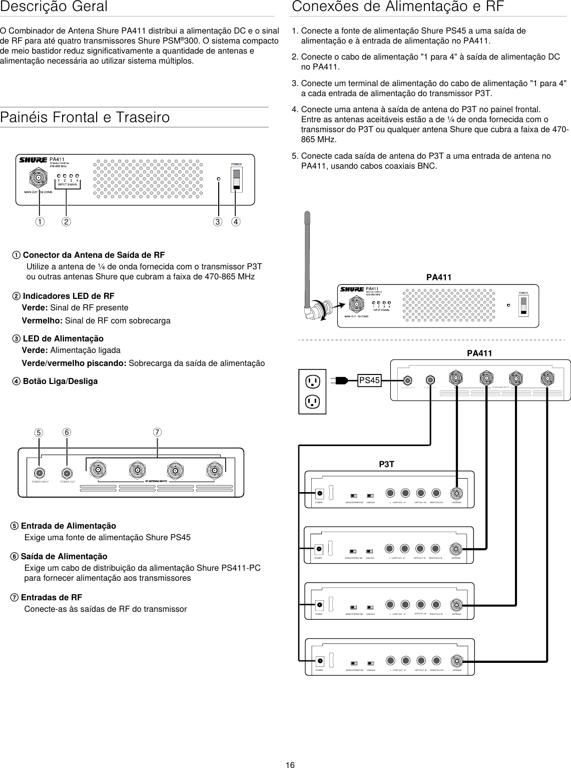 16Descrição GeralO Combinador de Antena Shure PA411 distribui a alimentação DC e o sinal de RF para até quatro transmissores Shure PSM®300. O sistema compacto de meio bastidor reduz significativamente a quantidade de antenas e alimentação necessária ao utilizar sistema múltiplos.Painéis Frontal e Traseiroྙ ྚ ྛ ྜPOWER INPUT POWER OUT RF ANTENNA INPUTSྜྷྞྟ① Conector da Antena de Saída de RFUtilize a antena de ¼ de onda fornecida com o transmissor P3T ou outras antenas Shure que cubram a faixa de 470-865 MHz② Indicadores LED de RFVerde: Sinal de RF presenteVermelho: Sinal de RF com sobrecarga③ LED de AlimentaçãoVerde: Alimentação ligadaVerde/vermelho piscando: Sobrecarga da saída de alimentação④ Botão Liga/Desliga⑤ Entrada de AlimentaçãoExige uma fonte de alimentação Shure PS45 ⑥ Saída de AlimentaçãoExige um cabo de distribuição da alimentação Shure PS411-PC para fornecer alimentação aos transmissores⑦ Entradas de RFConecte-as às saídas de RF do transmissorConexões de Alimentação e RF1. Conecte a fonte de alimentação Shure PS45 a uma saída de alimentação e à entrada de alimentação no PA411.2. Conecte o cabo de alimentação &quot;1 para 4&quot; à saída de alimentação DC no PA411. 3. Conecte um terminal de alimentação do cabo de alimentação &quot;1 para 4&quot; a cada entrada de alimentação do transmissor P3T.4. Conecte uma antena à saída de antena do P3T no painel frontal. Entre as antenas aceitáveis estão a de ¼ de onda fornecida com o transmissor do P3T ou qualquer antena Shure que cubra a faixa de 470-865 MHz. 5. Conecte cada saída de antena do P3T a uma entrada de antena no PA411, usando cabos coaxiais BNC.POWER INPUTPOWER OUTRF ANTENNA INPUTSP3TMONO/STEREO-MX LINE/AUX LEFT/CH.1 IN RIGHT/CH.2 INL - LOOP OUT - R ANTENNAPOWERMONO/STEREO-MX LINE/AUX LEFT/CH.1 IN RIGHT/CH.2 INL - LOOP OUT - R ANTENNAPOWERMONO/STEREO-MX LINE/AUX LEFT/CH.1 IN RIGHT/CH.2 INL - LOOP OUT - R ANTENNAPOWERMONO/STEREO-MX LINE/AUX LEFT/CH.1 IN RIGHT/CH.2 INL - LOOP OUT - R ANTENNAPOWER