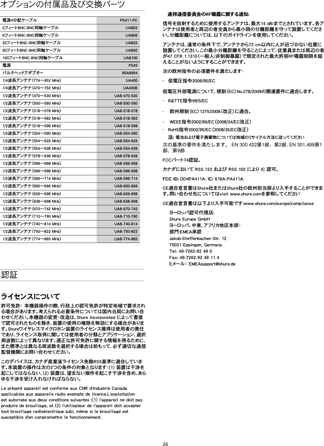 26オプションの付属品及び交換パーツ電源4分配ケーブル PS411-PC2フィートBNC-BNC同軸ケーブル UA8026フィートBNC-BNC同軸ケーブル UA80625フィートBNC-BNC同軸ケーブル UA82550フィートBNC-BNC同軸ケーブル UA850100フィートBNC-BNC同軸ケーブル UA8100電源 PS45バ ル ク ヘ ッド ア ダ プ タ ー 95A89941/4波長アンテナ（774～952 MHz） UA4001/4波長アンテナ（470～752 MHz） UA400B1/2波長アンテナ（470～530 MHz） UA8-470-5301/2波長アンテナ（500～560 MHz） UA8-500-5601/2波長アンテナ（518～578 MHz） UA8-518-5781/2波長アンテナ（518～582 MHz） UA8-518-5821/2波長アンテナ（518～598 MHz） UA8-518-5981/2波長アンテナ（554～590 MHz） UA8-554-5901/2波長アンテナ（554～626 MHz） UA8-554-6261/2波長アンテナ（554～638 MHz） UA8-554-6381/2波長アンテナ（578～638 MHz） UA8-578-6381/2波長アンテナ（596～668 MHz） UA8-596-6681/2波長アンテナ（596～698 MHz） UA8-596-6981/2波長アンテナ（596～714 MHz） UA8-596-7141/2波長アンテナ（600～666 MHz） UA8-600-6661/2波長アンテナ（626～698 MHz） UA8-626-6981/2波長アンテナ（638～698 MHz） UA8-638-6981/2波長アンテナ（670～742 MHz） UA8-670-7421/2波長アンテナ（710～790 MHz） UA8-710-7901/2波長アンテナ（740～814 MHz） UA8-740-8141/2波長アンテナ（750～822 MHz） UA8-750-8221/2波長アンテナ（774～865 MHz） UA8-774-865認証ライセンスについて許可免許： 本機器操作の際、行政上の認可免許が特定地域で要求される場合があります。考えられる必要条件については国内当局にお問い合わせください。本機器の変更・改造は、Shure Incorporated によって書面で認可されたものを除き、装置の使用の権限を無効にする場合があります。Shureワイヤレスマイクロホン装置のライセンス獲得は使用者の責任であり、ライセンス取得に関しては使用者の分類とアプリケーション、選択周波数によって異なります。適正な許可免許に関する情報を得るために、また標準とは異なる周波数を選択する場合は前もって、必ず適切な通信監督機関にお問い合わせください。 このデバイスは、カナダ産業省ライセンス免除RSS基準に適合しています。本装置の操作は次の2つの条件の対象となります：(1) 装置は干渉を起こしてはならない、(2) 装置は、望まない操作を起こす干渉を含め、あらゆる干渉を受け入れなければならない。 Le présent appareil est conforme aux CNR d&apos;Industrie Canada applicables aux appareils radio exempts de licence.L&apos;exploitation est autorisée aux deux conditions suivantes :(1) l&apos;appareil ne doit pas produire de brouillage, et (2) l&apos;utilisateur de l&apos;appareil doit accepter tout brouillage radioélectrique subi, même si le brouillage est susceptible d&apos;en compromettre le fonctionnement. 連邦通信委員会のRF曝露に関する通知: 信号を放射するために使用するアンテナは、最大14 dBiまでとされています。各アンテナは使用者と周辺の者全員から最小限の分離距離を守って設置してください。分離距離については、以下のガイドラインを使用してください。 アンテナは、通常の条件下で、アンテナから72 cm以内に人が近づかない位置に設置してください。この最小分離距離を守ることによって、従業員または周辺の者が47 CFR 1.1310（一般人/非制御暴露）で規定された最大許容RF曝露制限を超えることが ない ようにすることが できます 。 次の欧州指令の必須要件を満たします： •  低電圧指令2006/95/EC低電圧外部電源について、規制（EC）No.278/2009の関連要件に適合します。•  R&amp;TTE指令99/5/EC•   欧州規制（EC）1275/2008（改正）に適合。•   WEEE指令2002/96/EC（2008/34/EC改正） •  RoHS指令2002/95/EC（2008/35/EC改正） 注: 電池および電子廃棄物については地域のリサイクル方法に従ってください次の基準の要件を満たします。 EN 300 422第1部、第2部, EN 301,489第1部、第9部.  FCCパート74認証。 カナダにおいて RSS-123 および RSS-102 により IC 認可。 FCC ID: DD4PA411A. IC: 616A-PA411A. CE適合宣言書はShure社またはShure社の欧州担当部より入手することができます。問い合わせ先についてはvisit www.shure.comを参照してください CE適合宣言書は以下より入手可能です:www.shure.com/europe/complianceヨーロッパ認可代理店:Shure Europe GmbHヨーロッパ、中東、アフリカ地区本部：部門:EMEA承認Jakob-Dieffenbacher-Str. 1275031 Eppingen, GermanyTel: 49-7262-92 49 0Fax: 49-7262-92 49 11 4Eメール： EMEAsupport@shure.de