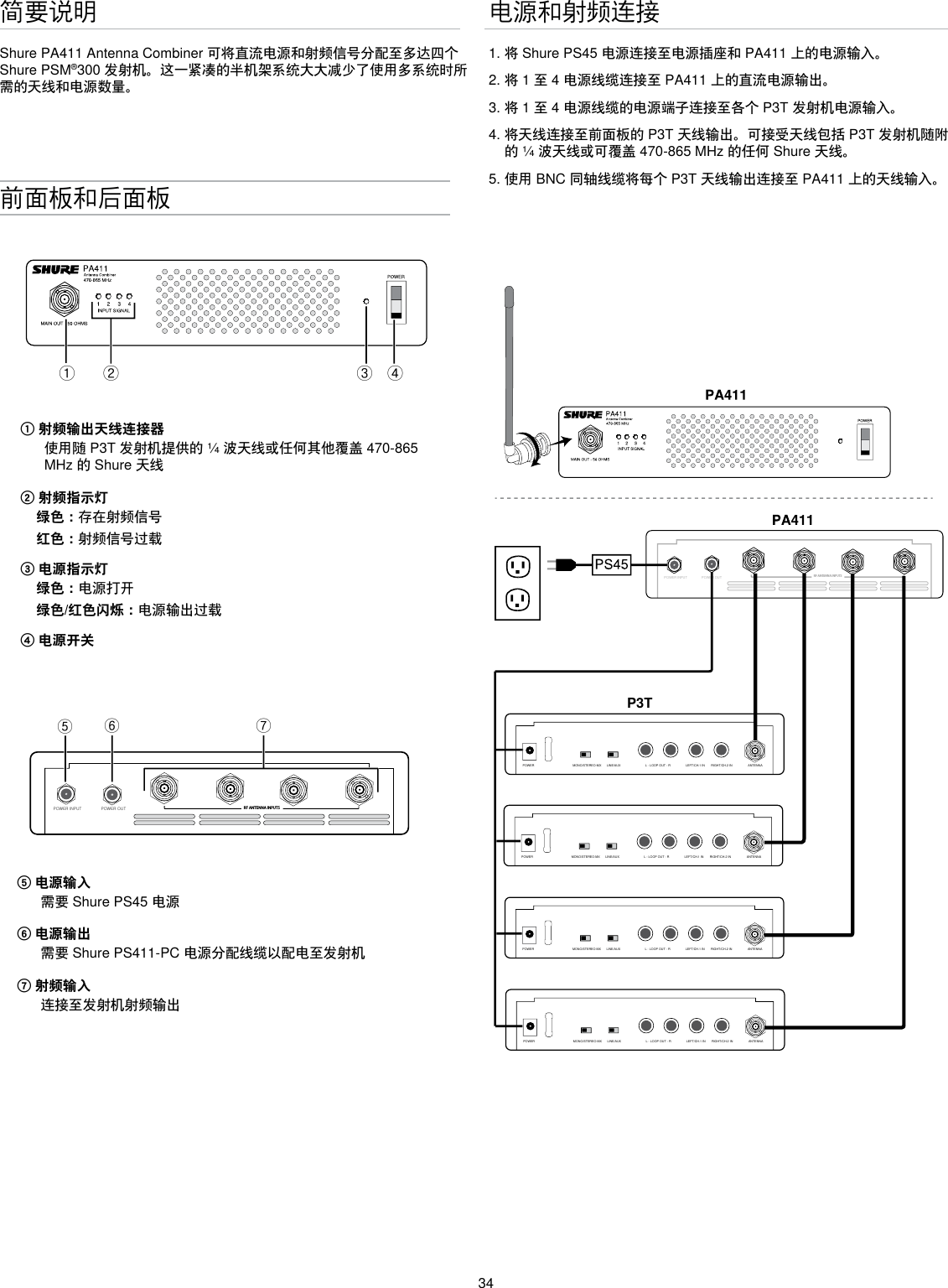 34简要说明Shure PA411 Antenna Combiner 可将直流电源和射频信号分配至多达四个 Shure PSM®300 发射机。这一紧凑的半机架系统大大减少了使用多系统时所需的天线和电源数量。前面板和后面板ྙ ྚ ྛ ྜPOWER INPUT POWER OUT RF ANTENNA INPUTSྜྷྞྟ① 射频输出天线连接器使用随 P3T 发射机提供的 ¼ 波天线或任何其他覆盖 470-865 MHz 的 Shure 天线② 射频指示灯绿色：存在射频信号红色：射频信号过载③ 电源指示灯绿色：电源打开绿色/红色闪烁：电源输出过载④ 电源开关⑤ 电源输入需要 Shure PS45 电源 ⑥ 电源输出需要 Shure PS411-PC 电源分配线缆以配电至发射机⑦ 射频输入连接至发射机射频输出电源和射频连接1. 将 Shure PS45 电源连接至电源插座和 PA411 上的电源输入。2. 将 1 至 4 电源线缆连接至 PA411 上的直流电源输出。 3. 将 1 至 4 电源线缆的电源端子连接至各个 P3T 发射机电源输入。4. 将天线连接至前面板的 P3T 天线输出。可接受天线包括 P3T 发射机随附的 ¼ 波天线或可覆盖 470-865 MHz 的任何 Shure 天线。 5. 使用 BNC 同轴线缆将每个 P3T 天线输出连接至 PA411 上的天线输入。POWER INPUTPOWER OUTRF ANTENNA INPUTSP3TMONO/STEREO-MX LINE/AUX LEFT/CH.1 IN RIGHT/CH.2 INL - LOOP OUT - R ANTENNAPOWERMONO/STEREO-MX LINE/AUX LEFT/CH.1 IN RIGHT/CH.2 INL - LOOP OUT - R ANTENNAPOWERMONO/STEREO-MX LINE/AUX LEFT/CH.1 IN RIGHT/CH.2 INL - LOOP OUT - R ANTENNAPOWERMONO/STEREO-MX LINE/AUX LEFT/CH.1 IN RIGHT/CH.2 INL - LOOP OUT - R ANTENNAPOWER