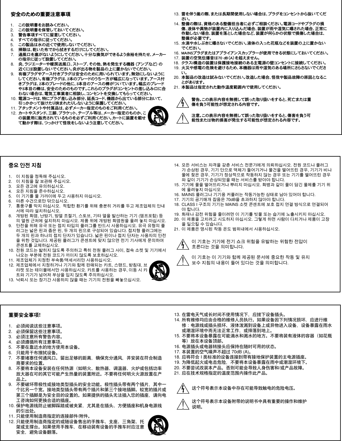 安全のための重要注意事項1.  この説明書をお読みください。 2.  この説明書を保管しておいてください。 3.  警告事項すべてに留意してください。4.  す べ て の 指 示 に 従 っ て く だ さ い 。 5.  この製品は水 の近くで使 用しないでください。 6.  掃 除 は 、乾 い た 布 で か ら 拭 き す る だ け に し て く だ さ い 。 7.  通風口を塞がないようにしてください。十分な換気ができるよう余裕を持たせ、メーカーの指示に従って設置してください。 8.  炎、ラジエーターや暖房送風口、ストーブ、その他、熱を発生する機器 (アンプなど) の近くには設置しないでください。炎が出る物を製品の上に置かないでください。 9.  有極プラグやアース付きプラグは安全のために用いられています。無効にしないようにしてください。有極プラグは、2本のブレードのうち一方が幅広になっています。アース付きプラグは、2本のブレードの他に、3本目のアースの棒がついています。幅広のブレードや3本目の棒は、安全のためのものです。これらのプラグがコンセントの差し込み口に合わない場合は、電気工事業者に相談し、コンセントを交換してもらってください。 10.  電源コードは、特にプラグ差し込み部分、延長コード、機器から出ている部分において、引っか かって 抜 け たり挟ま れ たりしない ように保 護してください 。 11. アタッチメントや付属品は、必ずメーカー指定のものをご利用ください。12.  カートやスタンド、三脚、ブラケット、テーブル等は、メーカー指定のものか、この装置用に販売されているものを必ずご利用ください。カートに装置を載せて動かす際は、つっかけて怪我をしないよう注意してください。13.  雷を伴う嵐の際、または長期間使用しない場合は、プラグをコンセントから抜いてくださ い 。 14.  整備の際は、資格のある整備担当者に必ずご相談ください。電源コードやプラグの損傷、液体や異物が装置内に入り込んだ場合、装置が雨や湿気に曝された場合、正常に作動しない場合、装置を落とした場合など、装置が何らかの状態で損傷した場合は、整備が必要です。 15.  水滴や水しぶきに曝さないでください。液体の入った花瓶などを装置の上に置かないで く だ さ い 。 16.  MAINSプラグまたはアプライアンスカップラーが使用できる状態にしておいてください。 17.  装置の空気伝播音は70 dB（A）を超えません。 18.  クラスI構造の装置は保護接地接続のある主電源の壁コンセントに接続してください。 19.  火災や感電の危険を避けるため、本機器は雨や湿気のある場所にさらさないでください 。 20.  本製品の改造は試みないでください。改造した場合、怪我や製品故障の原因となることが ありま す 。21.  本製品は指定された動作温度範囲内で使用してください。警告。この表示内容を無視して誤った取り扱いをすると、死亡または重傷を負う可能性が想定される内容です。 注意。この表示内容を無視して誤った取り扱いをすると、傷害を負う可能性または物的損害が発生する可能性が想定される内容です。중요 안전 지침1.  이 지침을 정독해 주십시오. 2.  이 지침을 잘 보관해 주십시오. 3.  모든 경고에 유의하십시오.4.  모든 지침을 준수하십시오. 5.  이 기기를 물 가까이에 두고 사용하지 마십시오. 6.  마른 수건으로만 닦으십시오. 7.  통풍구를 막지 마십시오.  적합한 환기를 위해 충분히 거리를 두고 제조업체의 안내서에 따라 설치하십시오. 8.  개방된 화염, 난방기, 방열 조절기, 스토브, 기타 열을 발산하는 기기 (앰프포함) 등의 열원 근처에 설치하지 마십시오. 제품 위에 개방된 화염원을 올려 놓지 마십시오. 9.  안전을 위해 유극 또는 접지 타입의 플러그를 반드시 사용하십시오. 유극 유형의 플러그는 넓은 핀과 좁은 핀, 두 개의 핀으로 구성되어 있습니다. 접지형 플러그에는 두 개의 핀과 하나의 접지 단자가 있습니다. 넓은 핀이나 접지 단자는 사용자의 안전을 위한 것입니다. 제공된 플러그가 콘센트에 맞지 않으면 전기 기사에게 문의하여 콘센트를 교체하십시오.  10.  전원 코드는 밟히지 않도록 주의하고 특히 전원 플러그 사이, 접속 소켓 및 기기에서 나오는 부분에 전원 코드가 끼이지 않도록 보호하십시오. 11.  제조업체가 지정한 부속품/액세서리만 사용하십시오.12.  제조업체에서 지정하거나 기기와 함께 판매되는 카트, 스탠드, 받침대, 브라켓 또는 테이블에서만 사용하십시오. 카트를 사용하는 경우, 이동 시 카트와 기기가 넘어져 부상을 입지 않도록 주의하십시오.13.  낙뢰시 또는 장기간 사용하지 않을 때는 기기의 전원을 빼놓으십시오. 14.  모든 서비스는 자격을 갖춘 서비스 전문가에게 의뢰하십시오. 전원 코드나 플러그가 손상된 경우, 기기 안으로 액체가 들어가거나 물건을 떨어뜨린 경우, 기기가 비나 물에 젖은 경우, 기기가 정상적으로 작동하지 않는 경우 또는 기기를 떨어뜨린 경우와 같이 기기가 손상되었을 때는 서비스를 받아야 합니다. 15.  기기에 물을 떨어뜨리거나 뿌리지 마십시오. 화병과 같이 물이 담긴 물체를 기기 위에 올려놓지 마십시오. 16.  MAINS 플러그나 기기용 커플러는 작동가능한 상태로 남아 있어야 합니다. 17.  기기의 공기매개 잡음은 70dB을 초과하지 않아야 합니다. 18.  CLASS I 구조의 기기는 MAINS 소켓 콘센트에 보호 접지 연결 방식으로 연결되어야 합니다. 19.  화재나 감전 위험을 줄이려면 이 기기를 빗물 또는 습기에 노출시키지 마십시오. 20.  이 제품을 고치려고 시도하지 마십시오. 그렇게 하면 사람이 다치거나 제품이 고장을 일으킬 수 있습니다.21.  이 제품은 명시된 작동 온도 범위내에서 사용하십시오. 이 기호는 기기에 전기 쇼크 위험을 유발하는 위험한 전압이 흐른다는 것을 의미합니다.이 기호는 이 기기와 함께 제공된 문서에 중요한 작동 및 유지보수 지침의 내용이 들어 있다는 것을 의미합니다. 重要安全事项!1.  必须阅读这些注意事项。 2.  必须保留这些注意事项。 3.  必须注意所有警告内容。4.  必须遵循所有注意事项。 5.  不要在靠近水的地方使用本设备。 6.  只能用干布擦拭设备。 7.  不要堵塞任何通风口。留出足够的距离，确保充分通风，并安装在符合制造商要求的位置。 8.  不要将本设备安装在任何热源（如明火、散热器、调温器、火炉或包括功率放大器在可的其它可能产生热量的装置附近。不要将任何明火火源放置在产品上。 9.  不要破坏带极性或接地类型插头的安全功能。极性插头带有两个插片，其中一个比另一个宽。接地类型插头带有两个插片和第三个接地插脚。较宽的插片或第三个插脚是为安全目的设置的。如果提供的插头无法插入您的插座，请向电工咨询如何更换合适的插座。 10. 保护电源线防止被脚踩踏或被夹紧，尤其是在插头、方便插座和机身电源线的引出处。 11. 只能使用制造商指定的连接部件/附件。12. 只能使用制造商指定的或随设备售出的手推车、支座、三角架、托架或支撑台。如果使用手推车，在移动装有设备的手推车时应注意安全，避免设备翻落。13. 在雷电天气或长时间不使用情况下，应拔下设备插头。 14. 所有维修均应由合格的维修人员执行。如果设备因下列情况损坏，应进行维修：电源线或插头损坏、液体泼溅到设备上或异物进入设备，设备暴露在雨水或潮湿环境中而无法正常工作，或摔落到地上。 15. 不要将本设备暴露在可能滴水和溅水的地方。不要将装有液体的容器（如花瓶等）放在本设备顶部。 16. 电源插头或电器转接头应保持在随时可用的状态。 17. 本装置的空气噪声不超过 70dB (A)。 18. 应将符合 I 类标准的设备连接到带有接地保护装置的主电源插座。 19. 为降低起火或电击危险，不要将本设备暴露在雨中或潮湿环境下。 20. 不要尝试改装本产品。否则可能会导致人身伤害和/或产品故障。21. 应在技术规格指定的温度范围内操作此产品。这个符号表示本设备中存在可能导致触电的危险电压。 这个符号表示本设备附带的说明书中具有重要的操作和维护说明。