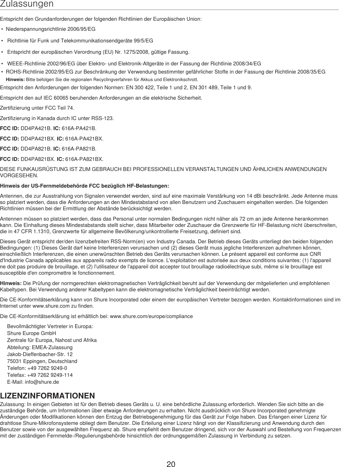 Page 20 of Shure orporated PA421B 4-Input Antenna Combiner User Manual Exhibit D Users Manual per 2 1033 c3