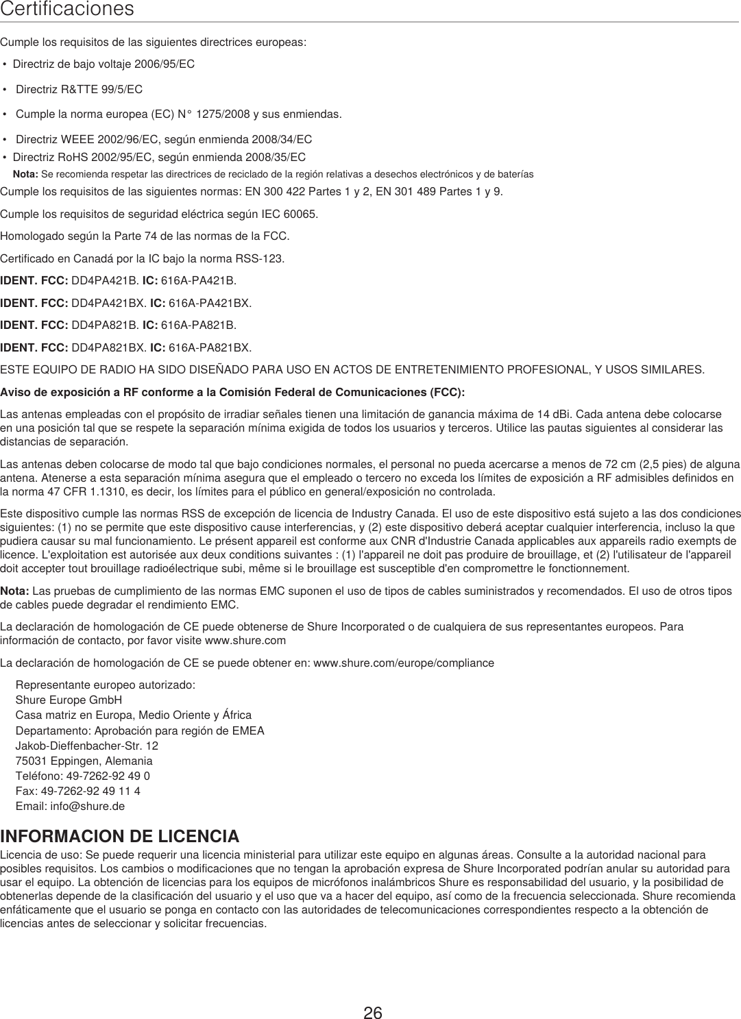 Page 26 of Shure orporated PA421B 4-Input Antenna Combiner User Manual Exhibit D Users Manual per 2 1033 c3