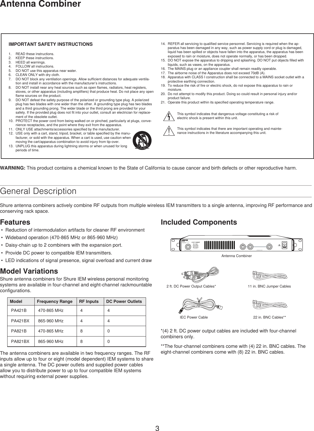 Page 3 of Shure orporated PA421B 4-Input Antenna Combiner User Manual Exhibit D Users Manual per 2 1033 c3