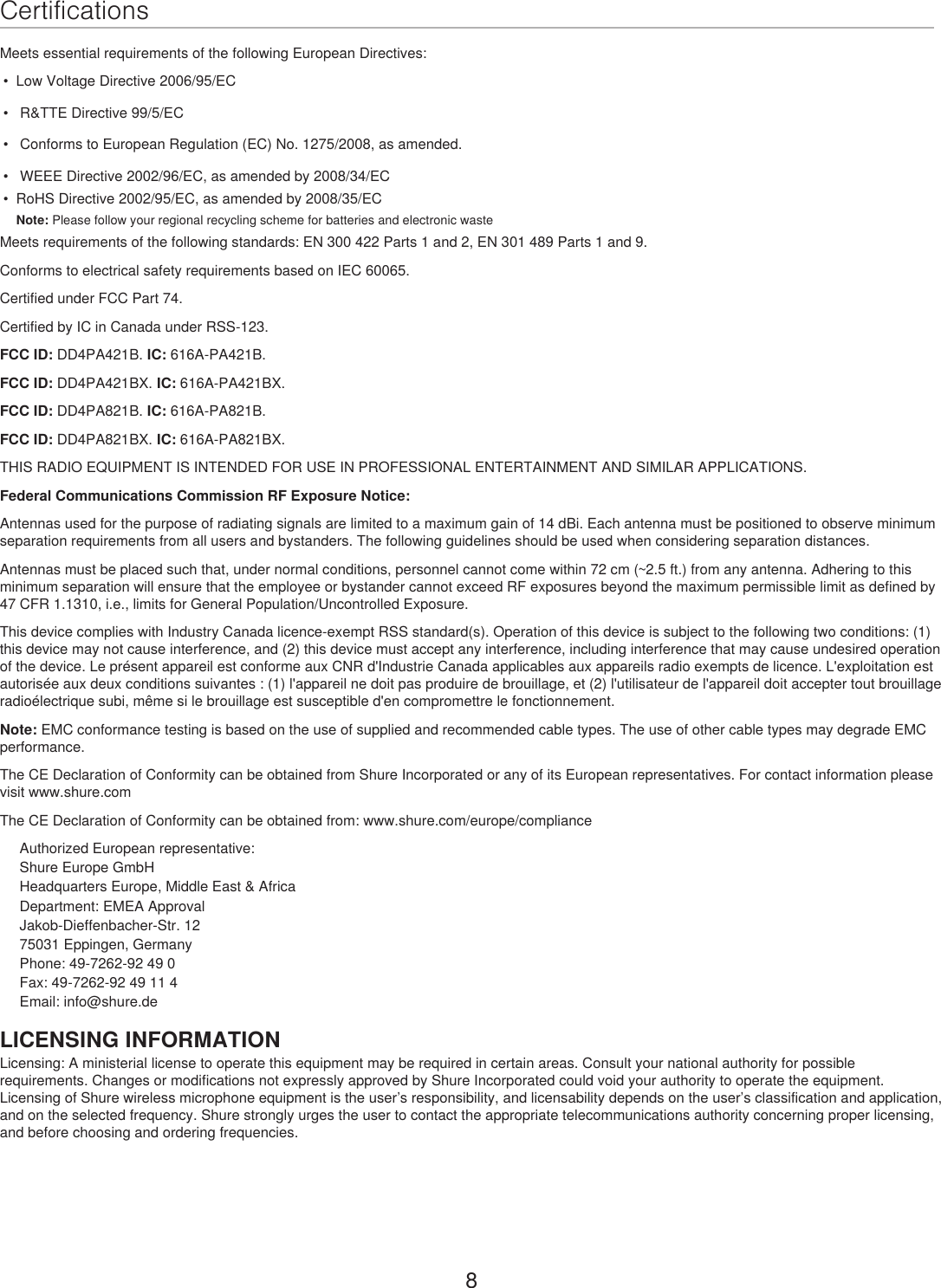 Page 8 of Shure orporated PA421B 4-Input Antenna Combiner User Manual Exhibit D Users Manual per 2 1033 c3