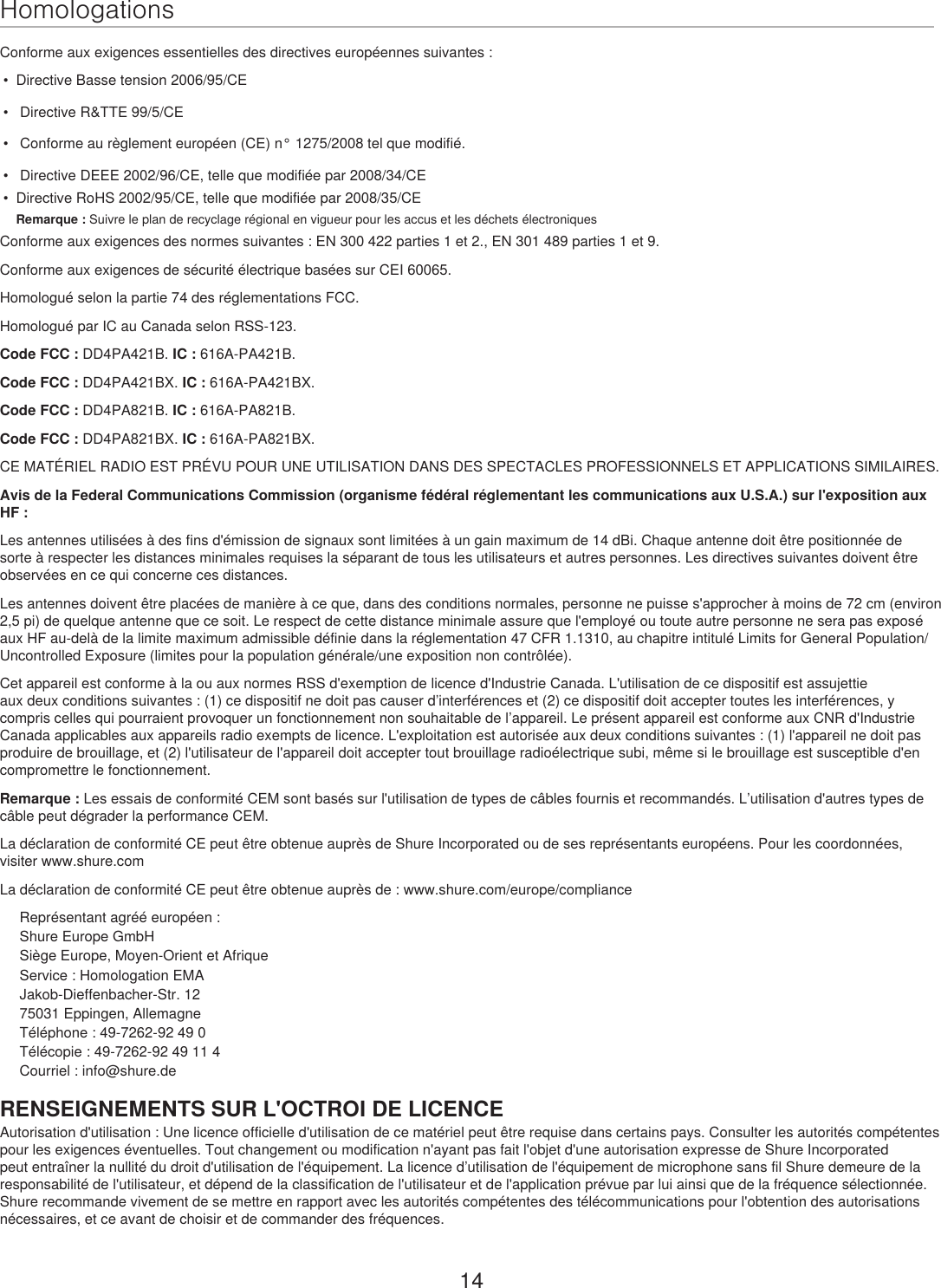 Page 14 of Shure orporated PA421BX 4-Input Antenna Combiner User Manual Exhibit D Users Manual per 2 1033 c3