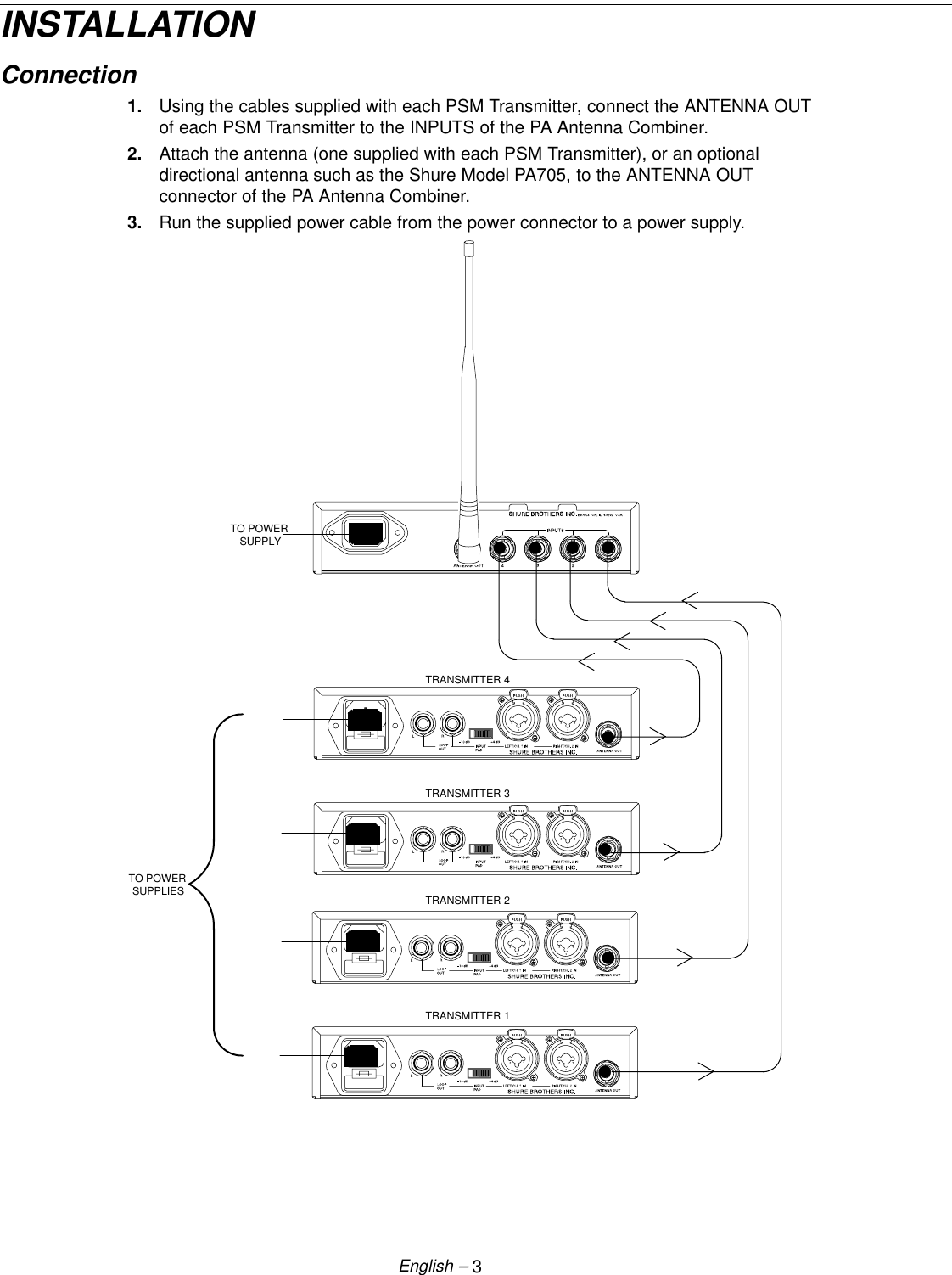 3English –INSTALLATIONConnection1. Using the cables supplied with each PSM Transmitter, connect the ANTENNA OUTof each PSM Transmitter to the INPUTS of the PA Antenna Combiner.2. Attach the antenna (one supplied with each PSM Transmitter), or an optionaldirectional antenna such as the Shure Model PA705, to the ANTENNA OUTconnector of the PA Antenna Combiner.3. Run the supplied power cable from the power connector to a power supply.TO POWER SUPPLIESTO POWER SUPPLYTRANSMITTER 1TRANSMITTER 2TRANSMITTER 3TRANSMITTER 4