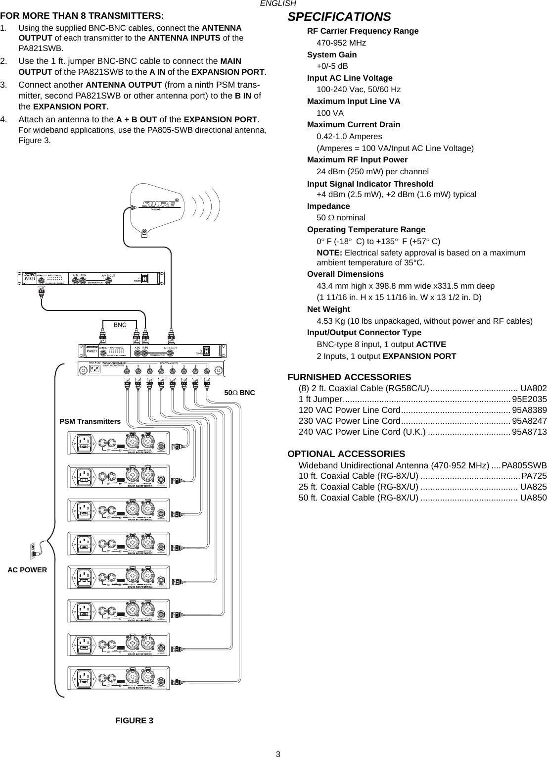 3ENGLISHFOR MORE THAN 8 TRANSMITTERS:1. Using the supplied BNC-BNC cables, connect the ANTENNA OUTPUT of each transmitter to the ANTENNA INPUTS of the PA821SWB.2. Use the 1 ft. jumper BNC-BNC cable to connect the MAIN OUTPUT of the PA821SWB to the A IN of the EXPANSION PORT. 3. Connect another ANTENNA OUTPUT (from a ninth PSM trans-mitter, second PA821SWB or other antenna port) to the B IN of the EXPANSION PORT.4. Attach an antenna to the A + B OUT of the EXPANSION PORT. For wideband applications, use the PA805-SWB directional antenna, Figure 3.FIGURE 3SPECIFICATIONSRF Carrier Frequency Range470-952 MHzSystem Gain+0/-5 dBInput AC Line Voltage100-240 Vac, 50/60 HzMaximum Input Line VA100 VAMaximum Current Drain0.42-1.0 Amperes(Amperes = 100 VA/Input AC Line Voltage)Maximum RF Input Power24 dBm (250 mW) per channelInput Signal Indicator Threshold+4 dBm (2.5 mW), +2 dBm (1.6 mW) typicalImpedance50 Ω nominalOperating Temperature Range0° F (-18°  C) to +135°  F (+57° C) NOTE: Electrical safety approval is based on a maximum ambient temperature of 35°C.Overall Dimensions43.4 mm high x 398.8 mm wide x331.5 mm deep(1 11/16 in. H x 15 11/16 in. W x 13 1/2 in. D)Net Weight4.53 Kg (10 lbs unpackaged, without power and RF cables)Input/Output Connector TypeBNC-type 8 input, 1 output ACTIVE2 Inputs, 1 output EXPANSION PORTFURNISHED ACCESSORIES(8) 2 ft. Coaxial Cable (RG58C/U).................................... UA8021 ft Jumper..................................................................... 95E2035120 VAC Power Line Cord............................................. 95A8389230 VAC Power Line Cord............................................. 95A8247240 VAC Power Line Cord (U.K.) .................................. 95A8713OPTIONAL ACCESSORIESWideband Unidirectional Antenna (470-952 MHz) ....PA805SWB10 ft. Coaxial Cable (RG-8X/U) .........................................PA72525 ft. Coaxial Cable (RG-8X/U) ........................................ UA82550 ft. Coaxial Cable (RG-8X/U) ........................................ UA850 50Ω BNC    PSM Transmitters  AC POWER