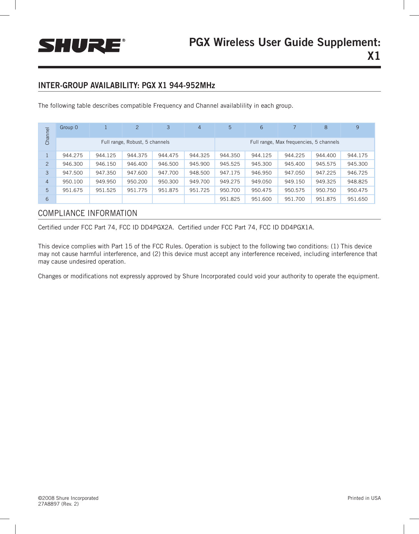 ©2008 Shure Incorporated  Printed in USA 27A8897 (Rev. 2)PGX Wireless User Guide Supplement: X1 INTER-GROUP AVAILABILITY: PGX X1 944-952MHzThe following table describes compatible Frequency and Channel availablility in each group.  Channel Group 0 1  2  3  4  5  6  7  8  9 Full range, Robust, 5 channels Full range, Max frequencies, 5 channels1 944.275  944.125  944.375  944.475  944.325  944.350  944.125  944.225  944.400  944.175 2 946.300  946.150  946.400  946.500  945.900  945.525  945.300  945.400  945.575  945.300 3 947.500  947.350  947.600  947.700  948.500  947.175  946.950  947.050  947.225  946.725 4 950.100  949.950  950.200  950.300  949.700  949.275  949.050  949.150  949.325  948.825 5 951.675  951.525  951.775  951.875  951.725  950.700  950.475  950.575  950.750  950.475 6 951.825  951.600  951.700  951.875  951.650 COMPLIANCE INFORMATIONCertied under FCC Part 74, FCC ID DD4PGX2A.  Certied under FCC Part 74, FCC ID DD4PGX1A. This device complies with Part 15 of the FCC Rules. Operation is subject to the following two conditions: (1) This device may not cause harmful interference, and (2) this device must accept any interference received, including interference that may cause undesired operation.Changes or modications not expressly approved by Shure Incorporated could void your authority to operate the equipment.