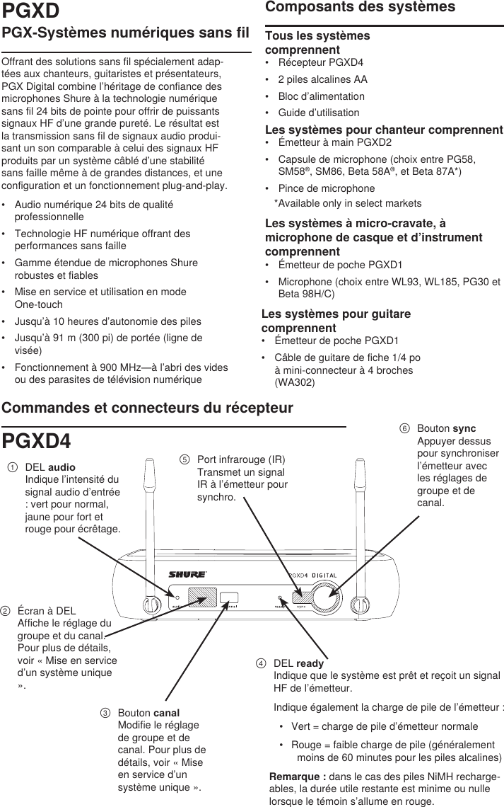 PGX-Systèmes numériques sans filOffrant des solutions sans fil spécialement adap-tées aux chanteurs, guitaristes et présentateurs, PGX Digital combine l’héritage de confiance des microphones Shure à la technologie numérique sans fil 24 bits de pointe pour offrir de puissants signaux HF d’une grande pureté. Le résultat est la transmission sans fil de signaux audio produi-sant un son comparable à celui des signaux HF produits par un système câblé d’une stabilité sans faille même à de grandes distances, et une configuration et un fonctionnement plug-and-play.•  Audio numérique 24 bits de qualité professionnelle•  Technologie HF numérique offrant des performances sans faille•  Gamme étendue de microphones Shure robustes et fiables•  Mise en service et utilisation en mode One-touch•  Jusqu’à 10 heures d’autonomie des piles•  Jusqu’à 91 m (300 pi) de portée (ligne de visée)•  Fonctionnement à 900 MHz—à l’abri des vides ou des parasites de télévision numériqueComposants des systèmesTous les systèmes comprennent •  Récepteur PGXD4•  2 piles alcalines AA•  Bloc d’alimentation•  Guide d’utilisationLes systèmes pour chanteur comprennent •  Émetteur à main PGXD2•  Capsule de microphone (choix entre PG58, SM58®, SM86, Beta 58A®, et Beta 87A*)•  Pince de microphone*Available only in select marketsLes systèmes à micro-cravate, à microphone de casque et d’instrument comprennent •  Émetteur de poche PGXD1•  Microphone (choix entre WL93, WL185, PG30 et Beta 98H/C)Commandes et connecteurs du récepteur①  DEL audioIndique l’intensité du signal audio d’entrée : vert pour normal, jaune pour fort et rouge pour écrêtage.②  Écran à DELAffiche le réglage du groupe et du canal. Pour plus de détails, voir « Mise en service d’un système unique ».③  Bouton canalModifie le réglage de groupe et de canal. Pour plus de détails, voir « Mise en service d’un système unique ».④  DEL readyIndique que le système est prêt et reçoit un signal HF de l’émetteur. Indique également la charge de pile de l’émetteur :•  Vert = charge de pile d’émetteur normale•  Rouge = faible charge de pile (généralement moins de 60 minutes pour les piles alcalines) Remarque : dans le cas des piles NiMH recharge-ables, la durée utile restante est minime ou nulle lorsque le témoin s’allume en rouge.⑤  Port infrarouge (IR)Transmet un signal IR à l’émetteur pour synchro.⑥  Bouton syncAppuyer dessus pour synchroniser l’émetteur avec les réglages de groupe et de canal. PGXDPGXD4Les systèmes pour guitare comprennent•  Émetteur de poche PGXD1•  Câble de guitare de fiche 1/4 po à mini-connecteur à 4 broches (WA302)