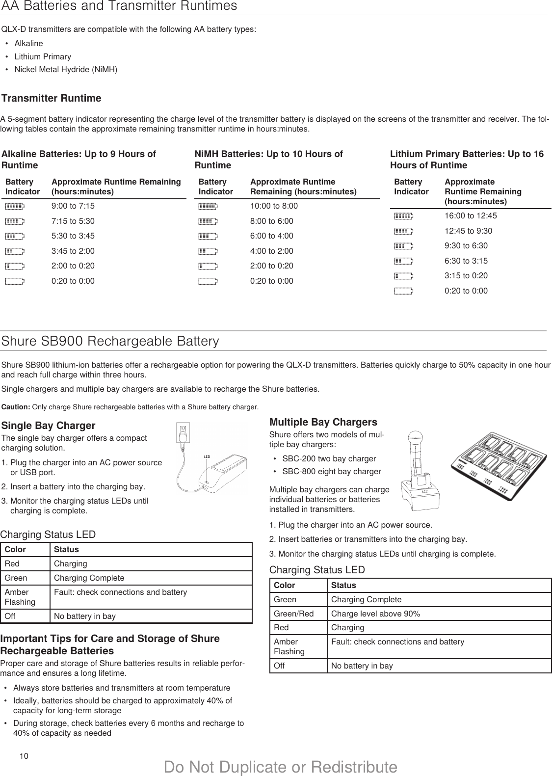 10 Do Not Duplicate or RedistributeShure SB900 Rechargeable BatteryShure SB900 lithium-ion batteries offer a rechargeable option for powering the QLX-D transmitters. Batteries quickly charge to 50% capacity in one hour and reach full charge within three hours.Single chargers and multiple bay chargers are available to recharge the Shure batteries.Caution: Only charge Shure rechargeable batteries with a Shure battery charger.AA Batteries and Transmitter RuntimesQLX-D transmitters are compatible with the following AA battery types:•  Alkaline•  Lithium Primary•  Nickel Metal Hydride (NiMH)Transmitter RuntimeA 5-segment battery indicator representing the charge level of the transmitter battery is displayed on the screens of the transmitter and receiver. The fol-lowing tables contain the approximate remaining transmitter runtime in hours:minutes.Alkaline Batteries: Up to 9 Hours of RuntimeBattery IndicatorApproximate Runtime Remaining (hours:minutes)9:00 to 7:157:15 to 5:305:30 to 3:453:45 to 2:002:00 to 0:200:20 to 0:00NiMH Batteries: Up to 10 Hours of RuntimeBattery IndicatorApproximate Runtime Remaining (hours:minutes)10:00 to 8:008:00 to 6:006:00 to 4:004:00 to 2:002:00 to 0:200:20 to 0:00Single Bay ChargerThe single bay charger offers a compact charging solution.1. Plug the charger into an AC power source or USB port.2. Insert a battery into the charging bay.3. Monitor the charging status LEDs until charging is complete.Multiple Bay ChargersShure offers two models of mul-tiple bay chargers:•  SBC-200 two bay charger•  SBC-800 eight bay chargerMultiple bay chargers can charge individual batteries or batteries installed in transmitters.Important Tips for Care and Storage of Shure Rechargeable BatteriesProper care and storage of Shure batteries results in reliable perfor-mance and ensures a long lifetime.•  Always store batteries and transmitters at room temperature •  Ideally, batteries should be charged to approximately 40% of capacity for long-term storage•  During storage, check batteries every 6 months and recharge to 40% of capacity as neededCharging Status LEDColor StatusRed ChargingGreen Charging CompleteAmber FlashingFault: check connections and batteryOff No battery in bay1. Plug the charger into an AC power source.2. Insert batteries or transmitters into the charging bay.3. Monitor the charging status LEDs until charging is complete.Charging Status LEDColor StatusGreen Charging CompleteGreen/Red Charge level above 90%Red ChargingAmber FlashingFault: check connections and batteryOff No battery in bayLithium Primary Batteries: Up to 16 Hours of RuntimeBattery IndicatorApproximate Runtime Remaining (hours:minutes)16:00 to 12:4512:45 to 9:309:30 to 6:306:30 to 3:153:15 to 0:200:20 to 0:00