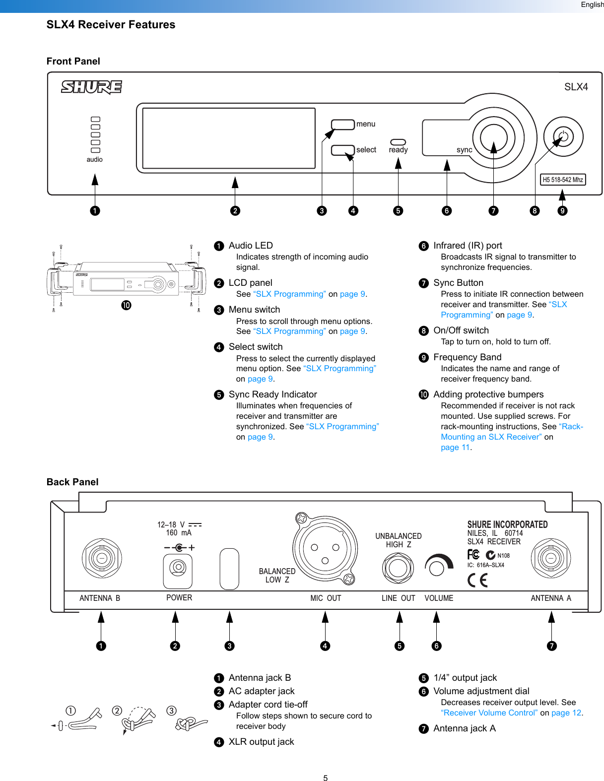 5EnglishSLX4 Receiver FeaturesFront PanelᕡAudio LEDIndicates strength of incoming audio signal.ᕢLCD panelSee “SLX Programming” on page 9.ᕣMenu switchPress to scroll through menu options. See “SLX Programming” on page 9.ᕤSelect switchPress to select the currently displayed menu option. See “SLX Programming” on page 9.ᕥSync Ready IndicatorIlluminates when frequencies of receiver and transmitter are synchronized. See “SLX Programming” on page 9.ᕦInfrared (IR) portBroadcasts IR signal to transmitter to synchronize frequencies.ᕧSync ButtonPress to initiate IR connection between receiver and transmitter. See “SLX Programming” on page 9.ᕨOn/Off switchTap to turn on, hold to turn off.ᕩFrequency BandIndicates the name and range of receiver frequency band.µAdding protective bumpersRecommended if receiver is not rack mounted. Use supplied screws. For rack-mounting instructions, See “Rack-Mounting an SLX Receiver” on page 11.Back PanelᕡAntenna jack BᕢAC adapter jackᕣAdapter cord tie-offFollow steps shown to secure cord to receiver bodyᕤXLR output jackᕥ1/4” output jackᕦVolume adjustment dialDecreases receiver output level. See “Receiver Volume Control” on page 12.ᕧAntenna jack Aaudiomenuselect ready syncSLX4H5 518-542 MhzᕡᕢᕣᕤᕥᕦᕧᕨᕩANTENNA  B POWER MIC  OUT LINE  OUT VOLUME ANTENNA  ABALANCEDLOW  ZUNBALANCEDHIGH  Z12–18  V        160  mASHURE INCORPORATEDNILES,  IL    60714SLX4  RECEIVERIC:  616A–SLX4N108ᕡᕢᕣ ᕤᕥᕦ ᕧቢ ባ ቤµ