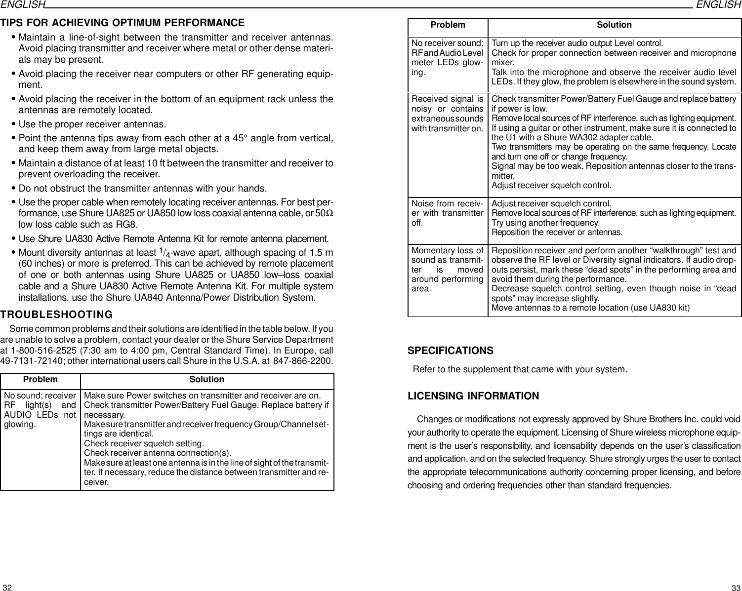 ENGLISH ENGLISHTIPS FOR ACHIEVING OPTIMUM PERFORMANCESMaintain a line-of-sight between the transmitter and receiver antennas.Avoid placing transmitter and receiver where metal or other dense materi-als may be present.SAvoid placing the receiver near computers or other RF generating equip-ment.SAvoid placing the receiver in the bottom of an equipment rack unless theantennas are remotely located.SUse the proper receiver antennas.SPoint the antenna tips away from each other at a 45° angle from vertical,and keep them away from large metal objects.SMaintain a distance of at least 10 ft between the transmitter and receiver toprevent overloading the receiver.SDo not obstruct the transmitter antennas with your hands.SUse the proper cable when remotely locating receiver antennas. For best per-formance, use Shure UA825 or UA850 low loss coaxial antenna cable, or 50Ωlow loss cable such as RG8.SUse Shure UA830 Active Remote Antenna Kit for remote antenna placement.SMount diversity antennas at least 1/4-wave apart, although spacing of 1.5 m(60 inches) or more is preferred. This can be achieved by remote placementof one or both antennas using Shure UA825 or UA850 low–loss coaxialcable and a Shure UA830 Active Remote Antenna Kit. For multiple systeminstallations, use the Shure UA840 Antenna/Power Distribution System.TROUBLESHOOTINGSome common problems and their solutions are identified in the table below. If youare unable to solve a problem, contact your dealer or the Shure Service Departmentat 1-800-516-2525 (7:30 am to 4:00 pm, Central Standard Time). In Europe, call49-7131-72140; other international users call Shure in the U.S.A. at  847-866-2200.Problem SolutionNo sound; receiverRF light(s) andAUDIO LEDs notglowing.Make sure Power switches on transmitter and receiver are on.Check transmitter Power/Battery Fuel Gauge. Replace battery ifnecessary.Make sure transmitter and receiver frequency Group/Channel set-tings are identical.Check receiver squelch setting.Check receiver antenna connection(s).Make sure at least one antenna is in the line of sight of the transmit-ter. If necessary, reduce the distance between transmitter and re-ceiver.Problem SolutionNo receiver sound;RF and Audio Levelmeter LEDs glow-ing.Turn up the receiver audio output Level control.Check for proper connection between receiver and microphonemixer.Talk into the microphone and observe the receiver audio levelLEDs. If they glow, the problem is elsewhere in the sound system.Received signal isnoisy or containsextraneous soundswith transmitter on.Check transmitter Power/Battery Fuel Gauge and replace batteryif power is low.Remove local sources of RF interference, such as lighting equipment.If using a guitar or other instrument, make sure it is connected tothe U1 with a Shure WA302 adapter cable.Two transmitters may be operating on the same frequency. Locateand turn one off or change frequency.Signal may be too weak. Reposition antennas closer to the trans-mitter.Adjust receiver squelch control.Noise from receiv-er with transmitteroff.Adjust receiver squelch control.Remove local sources of RF interference, such as lighting equipment.Try using another frequency.Reposition the receiver or antennas.Momentary loss ofsound as transmit-ter is movedaround performingarea.Reposition receiver and perform another “walkthrough” test andobserve the RF level or Diversity signal indicators. If audio drop-outs persist, mark these “dead spots” in the performing area andavoid them during the performance.Decrease squelch control setting, even though noise in “deadspots” may increase slightly.Move antennas to a remote location (use UA830 kit)SPECIFICATIONSRefer to the supplement that came with your system.LICENSING INFORMATIONChanges or modifications not expressly approved by Shure Brothers Inc. could voidyour authority to operate the equipment. Licensing of Shure wireless microphone equip-ment is the user’s responsibility, and licensability depends on the user’s classificationand application, and on the selected frequency. Shure strongly urges the user to contactthe appropriate telecommunications authority concerning proper licensing, and beforechoosing and ordering frequencies other than standard frequencies.32 33