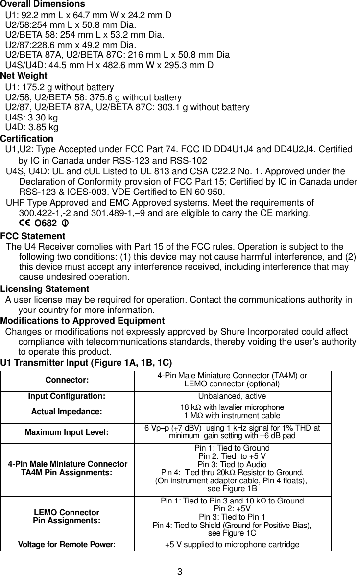 3Overall DimensionsU1: 92.2 mm L x 64.7 mm W x 24.2 mm DU2/58:254 mm L x 50.8 mm Dia.U2/BETA 58: 254 mm L x 53.2 mm Dia.U2/87:228.6 mm x 49.2 mm Dia.U2/BETA 87A, U2/BETA 87C: 216 mm L x 50.8 mm DiaU4S/U4D: 44.5 mm H x 482.6 mm W x 295.3 mm DNet WeightU1: 175.2 g without batteryU2/58, U2/BETA 58: 375.6 g without batteryU2/87, U2/BETA 87A, U2/BETA 87C: 303.1 g without batteryU4S: 3.30 kgU4D: 3.85 kgCertificationU1,U2: Type Accepted under FCC Part 74. FCC ID DD4U1J4 and DD4U2J4. Certifiedby IC in Canada under RSS-123 and RSS-102U4S, U4D: UL and cUL Listed to UL 813 and CSA C22.2 No. 1. Approved under theDeclaration of Conformity provision of FCC Part 15; Certified by IC in Canada underRSS-123 &amp; ICES-003. VDE Certified to EN 60 950.UHF Type Approved and EMC Approved systems. Meet the requirements of300.422-1,-2 and 301.489-1,–9 and are eligible to carry the CE marking.O682FCC StatementThe U4 Receiver complies with Part 15 of the FCC rules. Operation is subject to thefollowing two conditions: (1) this device may not cause harmful interference, and (2)this device must accept any interference received, including interference that maycause undesired operation.Licensing StatementA user license may be required for operation. Contact the communications authority inyour country for more information.Modifications to Approved EquipmentChanges or modifications not expressly approved by Shure Incorporated could affectcompliance with telecommunications standards, thereby voiding the user’s authorityto operate this product.U1 Transmitter Input (Figure 1A, 1B, 1C)Connector: 4-Pin Male Miniature Connector (TA4M) orLEMO connector (optional)Input Configuration: Unbalanced, activeActual Impedance: 18 kΩ with lavalier microphone1 MΩ with instrument cableMaximum Input Level: 6 Vp–p (+7 dBV)  using 1 kHz signal for 1% THD atminimum  gain setting with –6 dB pad 4-Pin Male Miniature ConnectorTA4M Pin Assignments:Pin 1: Tied to GroundPin 2: Tied  to +5 VPin 3: Tied to AudioPin 4:  Tied thru 20kΩ Resistor to Ground.(On instrument adapter cable, Pin 4 floats), see Figure 1BLEMO ConnectorPin Assignments:Pin 1: Tied to Pin 3 and 10 kΩ to GroundPin 2: +5VPin 3: Tied to Pin 1Pin 4: Tied to Shield (Ground for Positive Bias),see Figure 1CVoltage for Remote Power: +5 V supplied to microphone cartridge