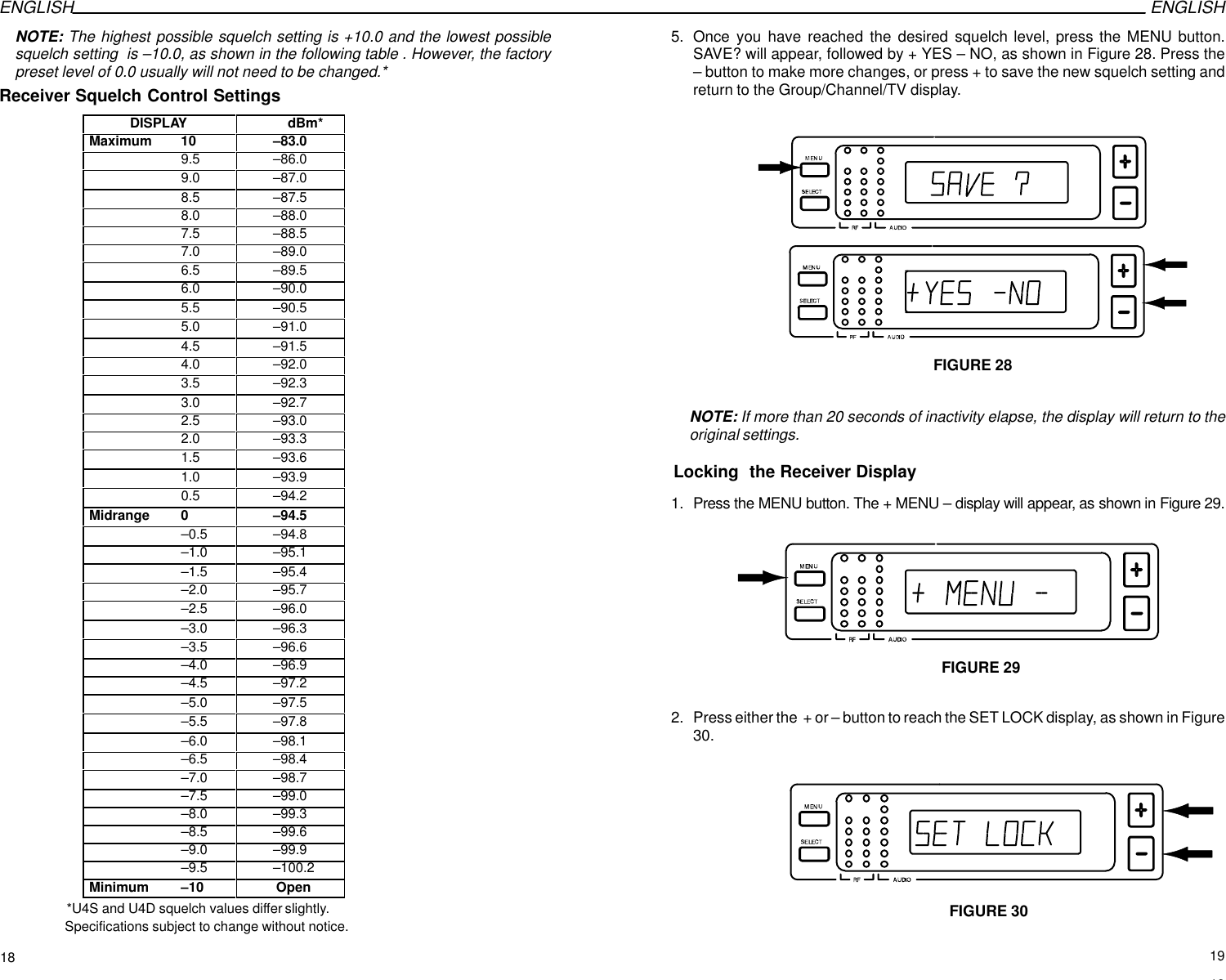 ENGLISH ENGLISHNOTE: The highest possible squelch setting is +10.0 and the lowest possiblesquelch setting  is –10.0, as shown in the following table . However, the factorypreset level of 0.0 usually will not need to be changed.*Receiver Squelch Control SettingsDISPLAY dBm*Maximum 10 –83.09.5 –86.09.0 –87.08.5 –87.58.0 –88.07.5 –88.57.0 –89.06.5 –89.56.0 –90.05.5 –90.55.0 –91.04.5 –91.54.0 –92.03.5 –92.33.0 –92.72.5 –93.02.0 –93.31.5 –93.61.0 –93.90.5 –94.2Midrange 0 –94.5–0.5 –94.8–1.0 –95.1–1.5 –95.4–2.0 –95.7–2.5 –96.0–3.0 –96.3–3.5 –96.6–4.0 –96.9–4.5 –97.2–5.0 –97.5–5.5 –97.8–6.0 –98.1–6.5 –98.4–7.0 –98.7–7.5 –99.0–8.0 –99.3–8.5 –99.6–9.0 –99.9–9.5 –100.2Minimum   –10  Open                   *U4S and U4D squelch values differ slightly.                   Specifications subject to change without notice. 5. Once you have reached the desired squelch level, press the MENU button.SAVE? will appear, followed by + YES – NO, as shown in Figure 28. Press the– button to make more changes, or press + to save the new squelch setting andreturn to the Group/Channel/TV display.FIGURE 28NOTE: If more than 20 seconds of inactivity elapse, the display will return to theoriginal settings.Locking  the Receiver Display1. Press the MENU button. The + MENU – display will appear, as shown in Figure 29.FIGURE 292. Press either the  + or – button to reach the SET LOCK display, as shown in Figure30.FIGURE 3018 1919