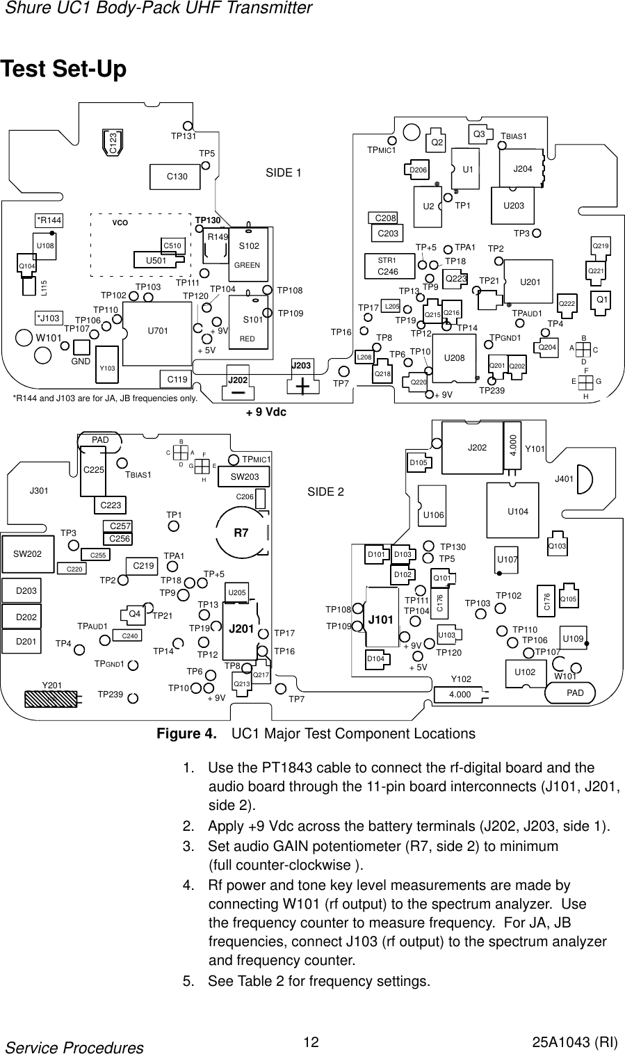 Shure UC1 Body-Pack UHF Transmitter12 25A1043 (RI)Service ProceduresTest Set-UpR7SW203PADC225C223C257C256C219SIDE 1W101 TP107TP106TP110TP102 TP103GNDU701U108Q104L115Y103U501C130TP131TP5C123S102S101TP108TP109J203J202C119C510TP130TP111+ 5V+ 9VTP120 TP104TP7GREENREDR149L208J204U203U201U208STR1C246Q219Q221Q1Q222U1U2D206Q2TPMIC1C203C208Q3Q223Q204Q201 Q202AEGCBDFHTBIAS1TP3TPA1TP1TP9TP13TP19TP12 TP14 TPGND1TPAUD1TP4L205Q215 Q216Q220TP8TP6 TP10+ 9V TP239TP18TP+5TP17TP16SIDE 2TBIAS1TP1J301SW202D203D202D201Y201TP4TP239TPGND1TPAUD1C240Q4C220C255TP3BDCAFHGE TPMIC1TPA1J201U205Q213Q217TP18 TP+5TP9TP21TP16+ 9VTP14 TP12TP19TP13TP7TP6TP17TP10TP8TP2C206Q218J202J401U106J101Y1024.000U102PADU109U107U104Q103Q105C176Q101D102D103D101C176D104Y1014.000D105TP130TP5U103TP111TP104TP120+ 5V+ 9VTP102TP103TP110TP106TP107W101TP108TP109+ 9 VdcVCOTP2TP21*J103*R144*R144 and J103 are for JA, JB frequencies only.Figure 4. UC1 Major Test Component Locations1. Use the PT1843 cable to connect the rf-digital board and the audio board through the 11-pin board interconnects (J101, J201,side 2).2. Apply +9 Vdc across the battery terminals (J202, J203, side 1).3. Set audio GAIN potentiometer (R7, side 2) to minimum (full counter-clockwise ).4. Rf power and tone key level measurements are made by connecting W101 (rf output) to the spectrum analyzer.  Use the frequency counter to measure frequency.  For JA, JB frequencies, connect J103 (rf output) to the spectrum analyzerand frequency counter.5. See Table 2 for frequency settings.