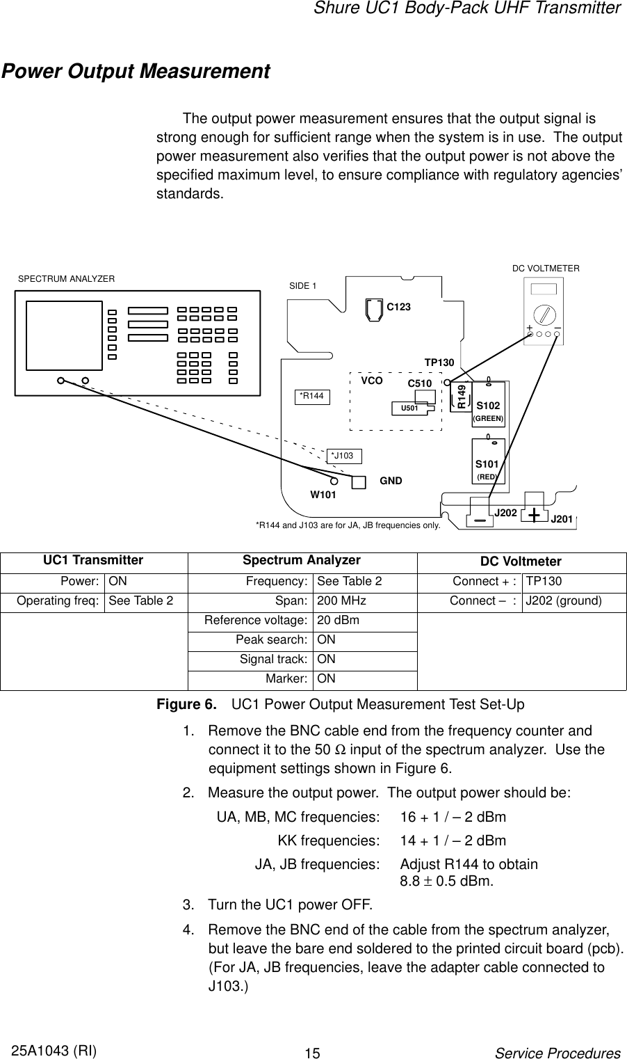 Shure UC1 Body-Pack UHF Transmitter1525A1043 (RI)Service ProceduresPower Output MeasurementThe output power measurement ensures that the output signal isstrong enough for sufficient range when the system is in use.  The outputpower measurement also verifies that the output power is not above thespecified maximum level, to ensure compliance with regulatory agencies’standards.S101(RED)W101GNDTP130S102(GREEN)DC VOLTMETER+–C123R149C510U501VCOSIDE 1J201J202SPECTRUM ANALYZER*J103*R144*R144 and J103 are for JA, JB frequencies only.UC1 Transmitter Spectrum Analyzer DC VoltmeterPower: ON Frequency: See Table 2 Connect + : TP130Operating freq: See Table 2 Span: 200 MHz Connect –  : J202 (ground)Reference voltage: 20 dBmPeak search: ONSignal track: ONMarker: ONFigure 6. UC1 Power Output Measurement Test Set-Up1. Remove the BNC cable end from the frequency counter and connect it to the 50 Ω input of the spectrum analyzer.  Use theequipment settings shown in Figure 6.2. Measure the output power.  The output power should be:UA, MB, MC frequencies: 16 + 1 / – 2 dBmKK frequencies: 14 + 1 / – 2 dBmJA, JB frequencies: Adjust R144 to obtain 8.8 ± 0.5 dBm.3. Turn the UC1 power OFF.4. Remove the BNC end of the cable from the spectrum analyzer,but leave the bare end soldered to the printed circuit board (pcb).(For JA, JB frequencies, leave the adapter cable connected toJ103.)