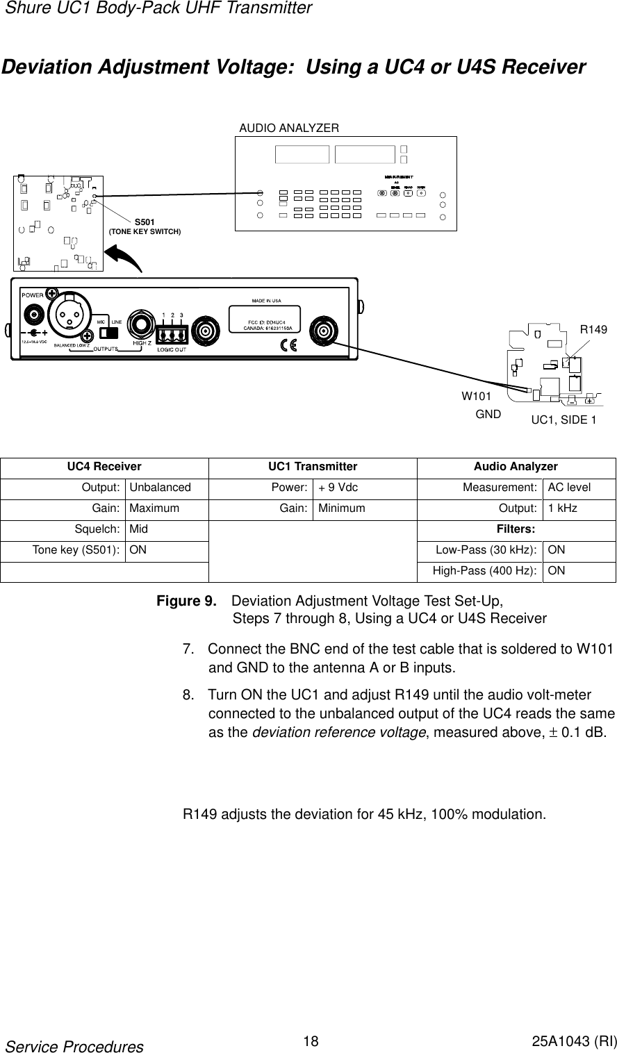 Shure UC1 Body-Pack UHF Transmitter18 25A1043 (RI)Service ProceduresDeviation Adjustment Voltage:  Using a UC4 or U4S ReceiverAUDIO ANALYZERUC1, SIDE 1R149S501(TONE KEY SWITCH)W101GNDUC4 Receiver UC1 Transmitter Audio AnalyzerOutput: Unbalanced Power: + 9 Vdc Measurement: AC levelGain: Maximum Gain: Minimum Output: 1 kHzSquelch: Mid Filters:Tone key (S501): ON Low-Pass (30 kHz): ONHigh-Pass (400 Hz): ONFigure 9. Deviation Adjustment Voltage Test Set-Up,                    Steps 7 through 8, Using a UC4 or U4S Receiver7. Connect the BNC end of the test cable that is soldered to W101and GND to the antenna A or B inputs.8. Turn ON the UC1 and adjust R149 until the audio volt-meter connected to the unbalanced output of the UC4 reads the sameas the deviation reference voltage, measured above, ± 0.1 dB.R149 adjusts the deviation for 45 kHz, 100% modulation.