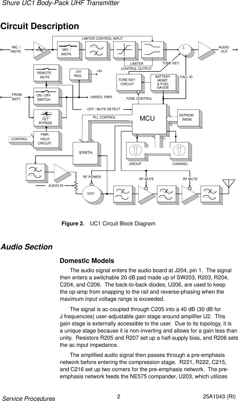 Shure UC1 Body-Pack UHF Transmitter2 25A1043 (RI)Service ProceduresCircuit DescriptionCONTROLPLL CONTROL MCU EEPROM(MEM)OFF / MUTE DETECT+5VREG.REMOTEMUTEGROUP CHANNELSYNTH.RF POWER RF MUTE RF MUTEVCOFROMBATT. UNREG. PWR.+5vAUDIO INPWR.HOLDCIRCUITMIC. /INSTR.ON / OFFSWITCHFETBYPASSTONE KEYCIRCUITΣTONE CONTROLTONE KEYCALL IDBATTERYMGMT.&amp; FUELGAUGEAUDIOOUTMIC. /INSTR.LIMITERCONTROL OUTPUTLIMITER CONTROL INPUTFigure 2. UC1 Circuit Block DiagramAudio SectionDomestic ModelsThe audio signal enters the audio board at J204, pin 1.  The signalthen enters a switchable 20 dB pad made up of SW203, R203, R204,C204, and C206.  The back-to-back diodes, U206, are used to keep the op-amp from snapping to the rail and reverse-phasing when the maximum input voltage range is exceeded.The signal is ac-coupled through C205 into a 40 dB (30 dB for J frequencies) user-adjustable gain stage around amplifier U2.  This gain stage is externally accessible to the user.  Due to its topology, it is a unique stage because it is non-inverting and allows for a gain less thanunity.  Resistors R205 and R207 set up a half-supply bias, and R206 setsthe ac input impedance.The amplified audio signal then passes through a pre-emphasis network before entering the compression stage.  R221, R222, C215, and C216 set up two corners for the pre-emphasis network.  The pre-emphasis network feeds the NE575 compander, U203, which utilizes 