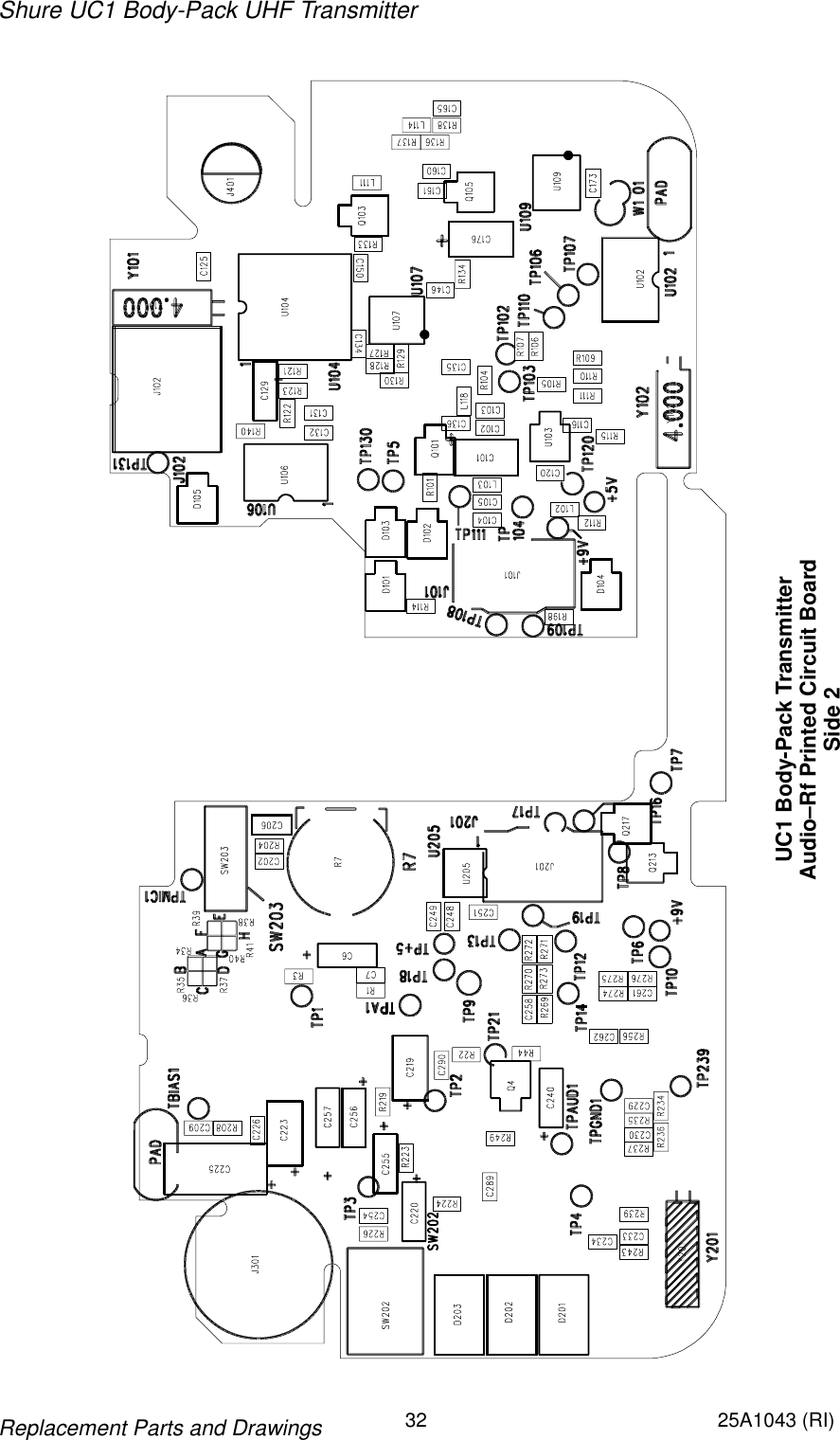 Shure UC1 Body-Pack UHF Transmitter32 25A1043 (RI)Replacement Parts and DrawingsUC1 Body-Pack TransmitterAudio–Rf Printed Circuit BoardSide 2