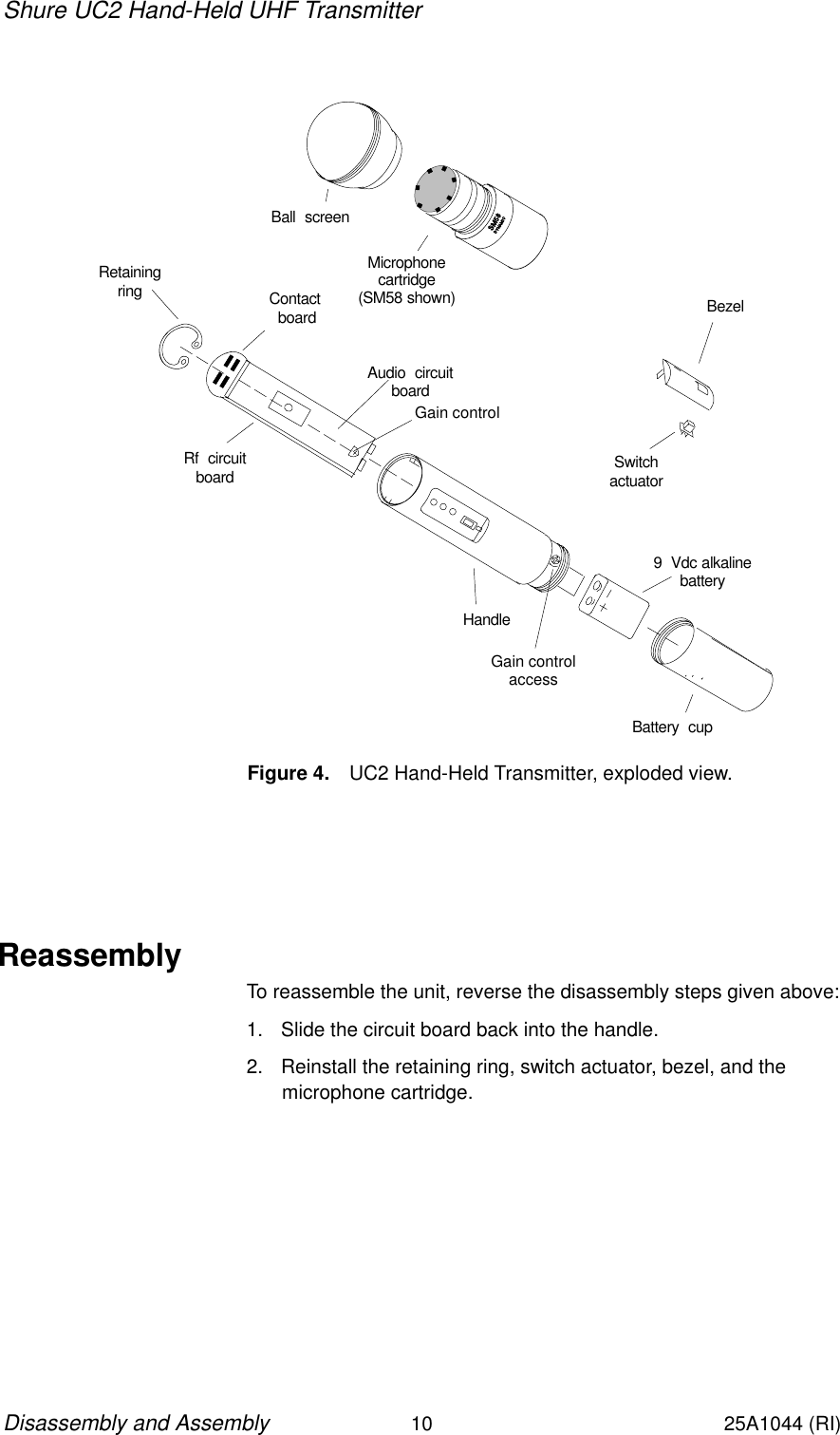 Shure UC2 Hand-Held UHF Transmitter10Disassembly and Assembly25A1044 (RI)Microphonecartridge(SM58 shown)Ball  screenContact boardGain controlAudio  circuitboardBezelSwitchactuator9  Vdc alkalinebatteryRf  circuitboardGain controlaccessBattery  cupHandleFigure 4. UC2 Hand-Held Transmitter, exploded view.RetainingringReassemblyTo reassemble the unit, reverse the disassembly steps given above:1. Slide the circuit board back into the handle.2. Reinstall the retaining ring, switch actuator, bezel, and the microphone cartridge.