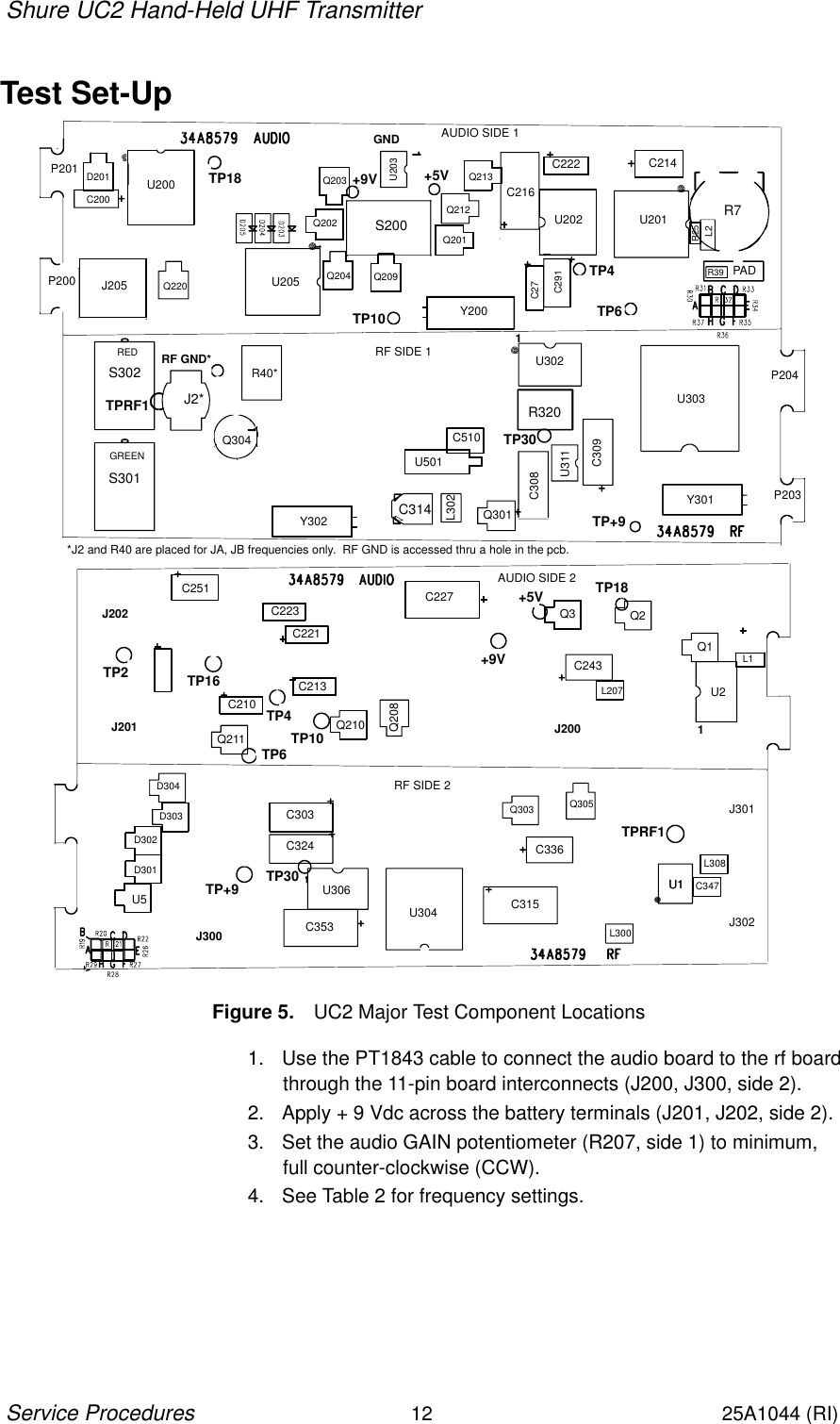 Shure UC2 Hand-Held UHF Transmitter12Service Procedures25A1044 (RI)Test Set-UpU200AUDIO SIDE 1D201C200J205 Q220TP18TP10TP4TP6+5V+9VU201U202C216R7U205Y200S200GND1U203Q203Q202Q204 Q209Q201Q212Q213 C222 C214PADC27C291REDGREENS301S302 RF GND*TPRF1 J2*R40*Q304Y302 C314R320U302U303Y301U501C5101TP30TP+9L302Q301C308U311C309RF SIDE 1AUDIO SIDE 2RF SIDE 2J202J201J302J301C227C251C223C221C210Q211 Q210Q208Q3 Q2U2L1Q1C243L207TP2 TP16TP6TP4TP10C213TP18+9V+5VJ200J300D304D303D302D301U5C303C324U306C353 U304 C315C336Q305Q303L300U1U1 C347L308TPRF1TP30TP+911R39P201P200P203P204L2R25*J2 and R40 are placed for JA, JB frequencies only.  RF GND is accessed thru a hole in the pcb.Figure 5. UC2 Major Test Component Locations1. Use the PT1843 cable to connect the audio board to the rf boardthrough the 11-pin board interconnects (J200, J300, side 2).2. Apply + 9 Vdc across the battery terminals (J201, J202, side 2).3. Set the audio GAIN potentiometer (R207, side 1) to minimum, full counter-clockwise (CCW).4. See Table 2 for frequency settings.