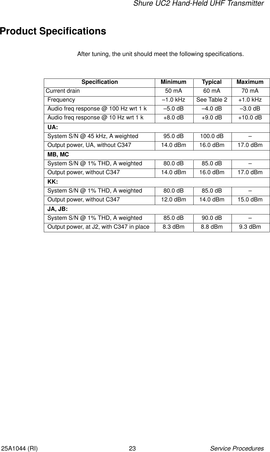 Shure UC2 Hand-Held UHF TransmitterService Procedures2325A1044 (RI)Product SpecificationsAfter tuning, the unit should meet the following specifications.Specification Minimum Typical MaximumCurrent drain 50 mA 60 mA 70 mAFrequency –1.0 kHz See Table 2 +1.0 kHzAudio freq response @ 100 Hz wrt 1 k –5.0 dB –4.0 dB –3.0 dBAudio freq response @ 10 Hz wrt 1 k +8.0 dB +9.0 dB +10.0 dBUA:System S/N @ 45 kHz, A weighted 95.0 dB 100.0 dB –Output power, UA, without C347 14.0 dBm 16.0 dBm 17.0 dBmMB, MCSystem S/N @ 1% THD, A weighted 80.0 dB 85.0 dB –Output power, without C347 14.0 dBm 16.0 dBm 17.0 dBmKK:System S/N @ 1% THD, A weighted 80.0 dB 85.0 dB –Output power, without C347 12.0 dBm 14.0 dBm 15.0 dBmJA, JB:System S/N @ 1% THD, A weighted 85.0 dB 90.0 dB –Output power, at J2, with C347 in place 8.3 dBm 8.8 dBm 9.3 dBm