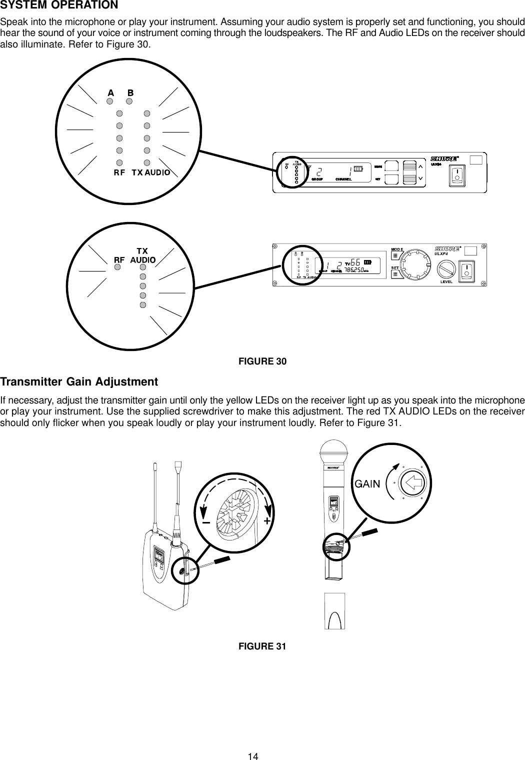 14SYSTEM OPERATIONSpeak into the microphone or play your instrument. Assuming your audio system is properly set and functioning, you shouldhear the sound of your voice or instrument coming through the loudspeakers. The RF and Audio LEDs on the receiver shouldalso illuminate. Refer to Figure 30.FIGURE 30Transmitter Gain AdjustmentIf necessary, adjust the transmitter gain until only the yellow LEDs on the receiver light up as you speak into the microphoneor play your instrument. Use the supplied screwdriver to make this adjustment. The red TX AUDIO LEDs on the receivershould only flicker when you speak loudly or play your instrument loudly. Refer to Figure 31.FIGURE 31