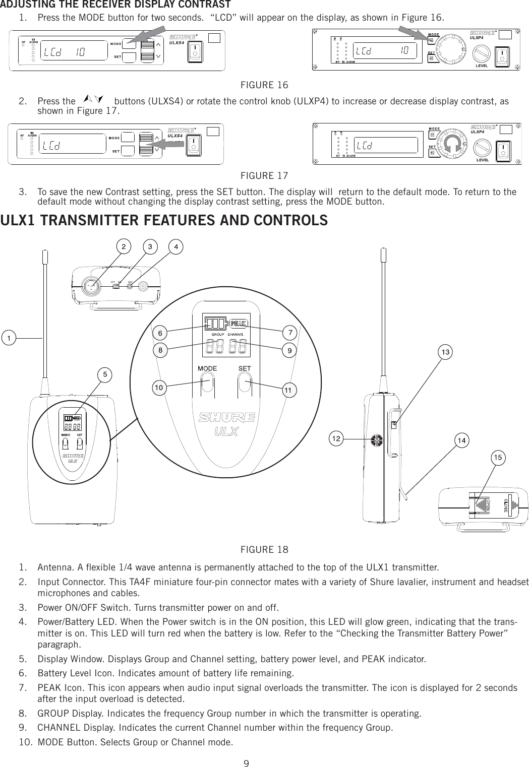 9ADJUSTING THE RECEIVER DISPLAY CONTRAST 1.  Press the MODE button for two seconds.  “LCD” will appear on the display, as shown in Figure 16. FIGURE 16 2. Press the    buttons (ULXS4) or rotate the control knob (ULXP4) to increase or decrease display contrast, as shown in Figure 17. FIGURE 17 3.  To save the new Contrast setting, press the SET button. The display will  return to the default mode. To return to the default mode without changing the display contrast setting, press the MODE button. ULX1 TRANSMITTER FEATURES AND CONTROLS FIGURE 18 Antenna. A ﬂ exible 1/4 wave antenna is permanently attached to the top of the ULX1 transmitter. 1. Input Connector. This TA4F miniature four-pin connector mates with a variety of Shure lavalier, instrument and headset 2. microphones and cables. Power ON/OFF Switch. Turns transmitter power on and off. 3. Power/Battery LED. When the Power switch is in the ON position, this LED will glow green, indicating that the trans-4. mitter is on. This LED will turn red when the battery is low. Refer to the “Checking the Transmitter Battery Power” paragraph. Display Window. Displays Group and Channel setting, battery power level, and PEAK indicator. 5. Battery Level Icon. Indicates amount of battery life remaining. 6. PEAK Icon. This icon appears when audio input signal overloads the transmitter. The icon is displayed for 2 seconds 7. after the input overload is detected. GROUP Display. Indicates the frequency Group number in which the transmitter is operating. 8. CHANNEL Display. Indicates the current Channel number within the frequency Group. 9. MODE Button. Selects Group or Channel mode. 10. 