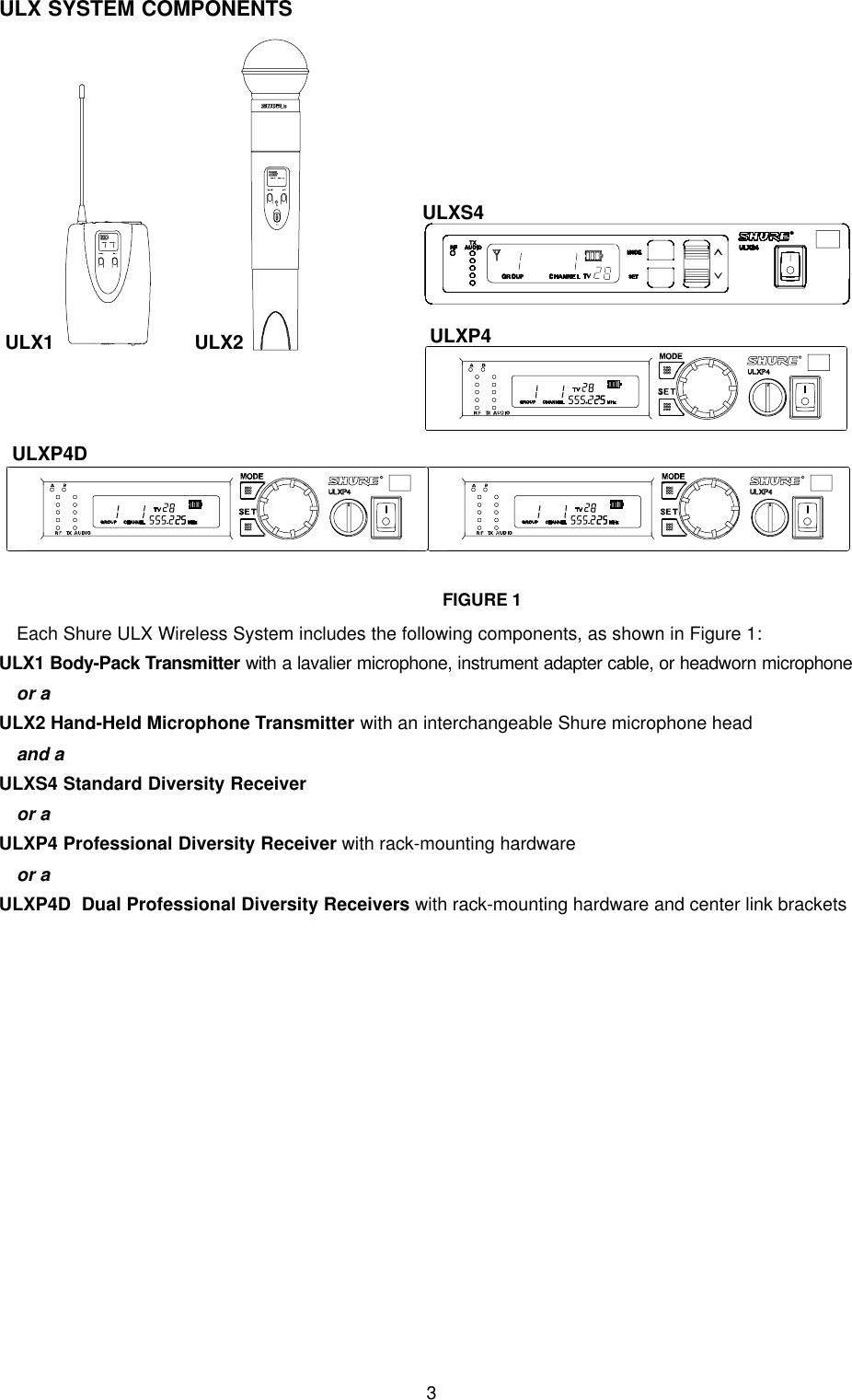 3ULX SYSTEM COMPONENTSULX1 ULX2ULXS4ULXP4ULXP4DFIGURE 1Each Shure ULX Wireless System includes the following components, as shown in Figure 1:ULX1 Body-Pack Transmitter with a lavalier microphone, instrument adapter cable, or headworn microphoneor aULX2 Hand-Held Microphone Transmitter with an interchangeable Shure microphone headand aULXS4 Standard Diversity Receiveror aULXP4 Professional Diversity Receiver with rack-mounting hardwareor aULXP4D  Dual Professional Diversity Receivers with rack-mounting hardware and center link brackets