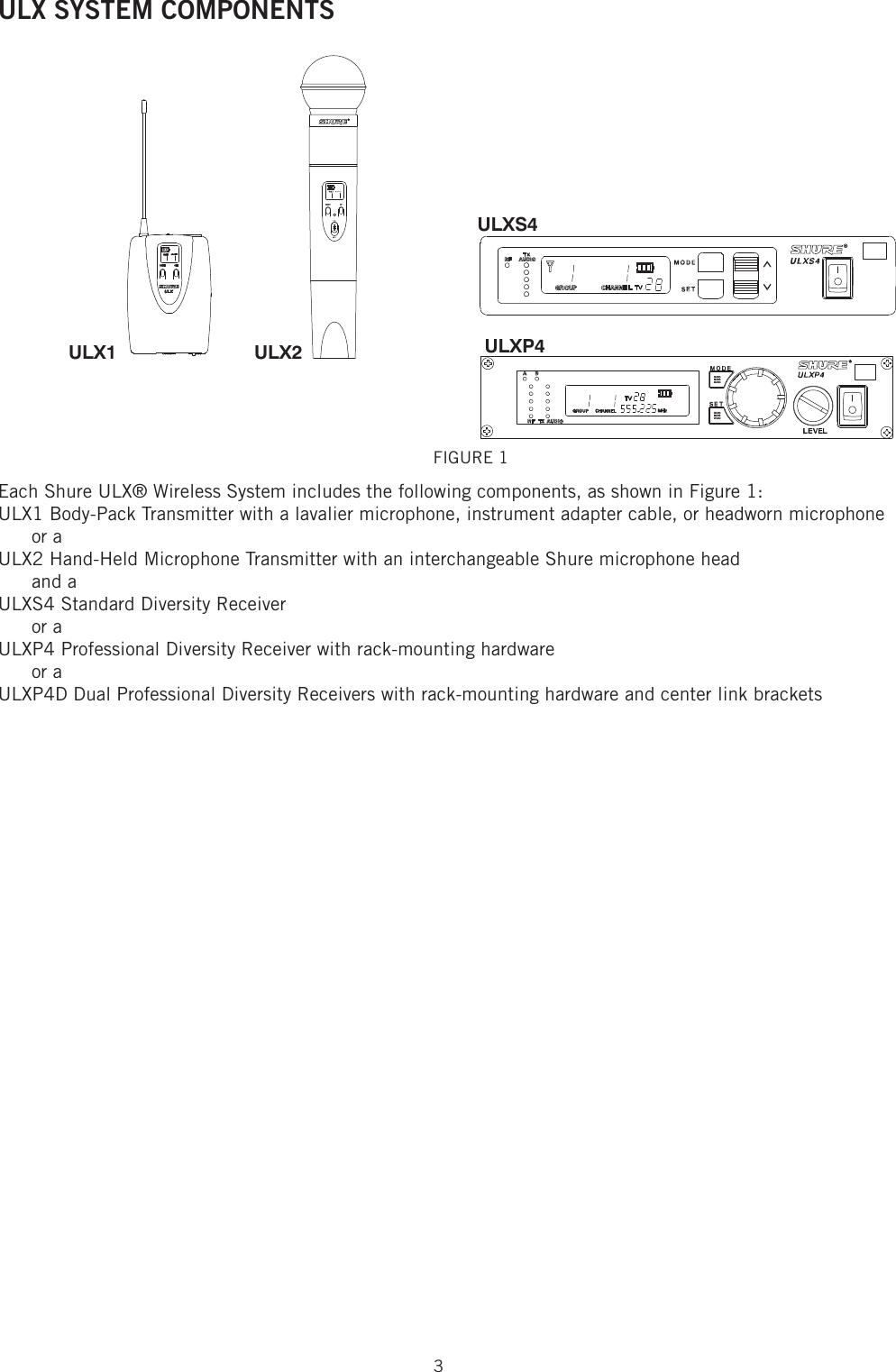 3ULX SYSTEM COMPONENTSFIGURE 1 Each Shure ULX® Wireless System includes the following components, as shown in Figure 1:ULX1 Body-Pack Transmitter with a lavalier microphone, instrument adapter cable, or headworn microphone or a ULX2 Hand-Held Microphone Transmitter with an interchangeable Shure microphone head  and a ULXS4 Standard Diversity Receiver  or a ULXP4 Professional Diversity Receiver with rack-mounting hardware  or a ULXP4D Dual Professional Diversity Receivers with rack-mounting hardware and center link brackets ULX1 ULX2ULXS4ULXP4