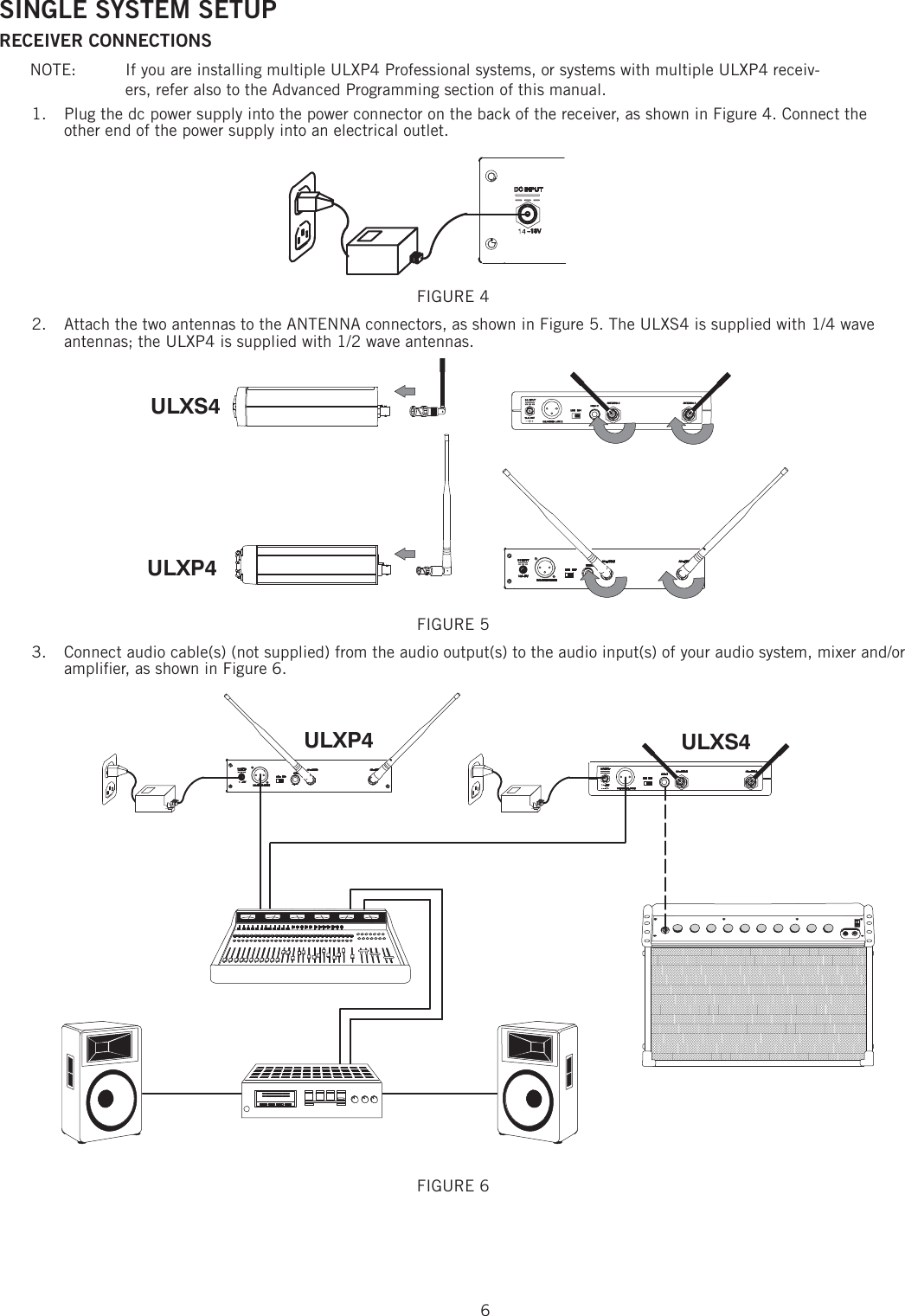 6SINGLE SYSTEM SETUP RECEIVER CONNECTIONS NOTE:  If you are installing multiple ULXP4 Professional systems, or systems with multiple ULXP4 receiv-ers, refer also to the Advanced Programming section of this manual. 1.  Plug the dc power supply into the power connector on the back of the receiver, as shown in Figure 4. Connect the other end of the power supply into an electrical outlet. FIGURE 4 2.  Attach the two antennas to the ANTENNA connectors, as shown in Figure 5. The ULXS4 is supplied with 1/4 wave antennas; the ULXP4 is supplied with 1/2 wave antennas. FIGURE 5 3.  Connect audio cable(s) (not supplied) from the audio output(s) to the audio input(s) of your audio system, mixer and/or ampliﬁ er, as shown in Figure 6. FIGURE 6ULXS4ULXP4ULXP4 ULXS4