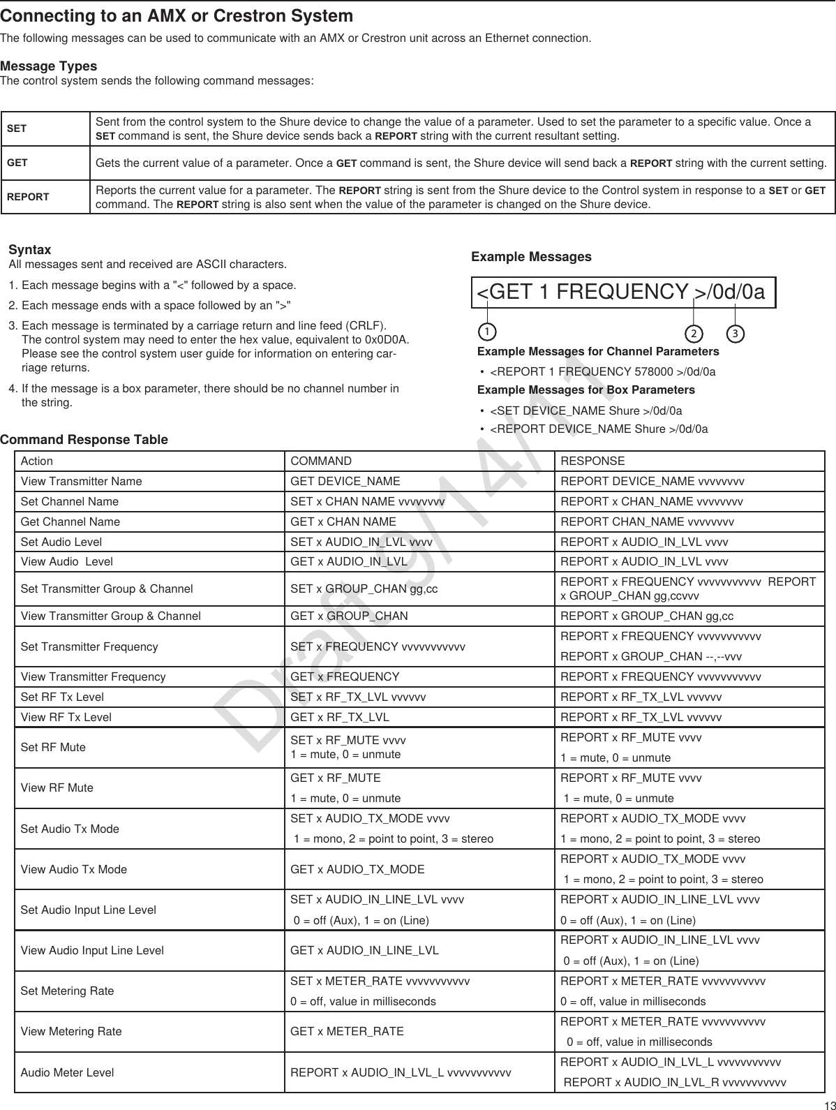 13Command Response TableAction COMMAND RESPONSEView Transmitter Name GET DEVICE_NAME  REPORT DEVICE_NAME vvvvvvvv Set Channel Name SET x CHAN NAME vvvvvvvv  REPORT x CHAN_NAME vvvvvvvv Get Channel Name GET x CHAN NAME  REPORT CHAN_NAME vvvvvvvv Set Audio Level SET x AUDIO_IN_LVL vvvv  REPORT x AUDIO_IN_LVL vvvv View Audio  Level GET x AUDIO_IN_LVL  REPORT x AUDIO_IN_LVL vvvv Set Transmitter Group &amp; Channel SET x GROUP_CHAN gg,cc  REPORT x FREQUENCY vvvvvvvvvvv  REPORT x GROUP_CHAN gg,ccvvv View Transmitter Group &amp; Channel GET x GROUP_CHAN  REPORT x GROUP_CHAN gg,cc Set Transmitter Frequency SET x FREQUENCY vvvvvvvvvvv  REPORT x FREQUENCY vvvvvvvvvvv  REPORT x GROUP_CHAN --,--vvv View Transmitter Frequency GET x FREQUENCY  REPORT x FREQUENCY vvvvvvvvvvv Set RF Tx Level SET x RF_TX_LVL vvvvvv  REPORT x RF_TX_LVL vvvvvv View RF Tx Level GET x RF_TX_LVL  REPORT x RF_TX_LVL vvvvvv Set RF Mute SET x RF_MUTE vvvv   1 = mute, 0 = unmuteREPORT x RF_MUTE vvvv 1 = mute, 0 = unmuteView RF Mute GET x RF_MUTE 1 = mute, 0 = unmuteREPORT x RF_MUTE vvvv  1 = mute, 0 = unmuteSet Audio Tx Mode SET x AUDIO_TX_MODE vvvv  1 = mono, 2 = point to point, 3 = stereoREPORT x AUDIO_TX_MODE vvvv  1 = mono, 2 = point to point, 3 = stereoView Audio Tx Mode GET x AUDIO_TX_MODE  REPORT x AUDIO_TX_MODE vvvv  1 = mono, 2 = point to point, 3 = stereoSet Audio Input Line Level SET x AUDIO_IN_LINE_LVL vvvv  0 = off (Aux), 1 = on (Line)REPORT x AUDIO_IN_LINE_LVL vvvv  0 = off (Aux), 1 = on (Line)View Audio Input Line Level GET x AUDIO_IN_LINE_LVL  REPORT x AUDIO_IN_LINE_LVL vvvv  0 = off (Aux), 1 = on (Line)Set Metering Rate SET x METER_RATE vvvvvvvvvvv 0 = off, value in millisecondsREPORT x METER_RATE vvvvvvvvvvv  0 = off, value in millisecondsView Metering Rate GET x METER_RATE  REPORT x METER_RATE vvvvvvvvvvv   0 = off, value in millisecondsAudio Meter Level REPORT x AUDIO_IN_LVL_L vvvvvvvvvvv  REPORT x AUDIO_IN_LVL_L vvvvvvvvvvv  REPORT x AUDIO_IN_LVL_R vvvvvvvvvvv SET Sent from the control system to the Shure device to change the value of a parameter. Used to set the parameter to a specific value. Once a SET command is sent, the Shure device sends back a REPORT string with the current resultant setting. GET Gets the current value of a parameter. Once a GET command is sent, the Shure device will send back a REPORT string with the current setting.REPORT Reports the current value for a parameter. The REPORT string is sent from the Shure device to the Control system in response to a SET or GET command. The REPORT string is also sent when the value of the parameter is changed on the Shure device.Connecting to an AMX or Crestron SystemThe following messages can be used to communicate with an AMX or Crestron unit across an Ethernet connection.Message TypesThe control system sends the following command messages:SyntaxAll messages sent and received are ASCII characters.1. Each message begins with a &quot;&lt;&quot; followed by a space.2. Each message ends with a space followed by an &quot;&gt;&quot;3. Each message is terminated by a carriage return and line feed (CRLF).  The control system may need to enter the hex value, equivalent to 0x0D0A. Please see the control system user guide for information on entering car-riage returns. 4. If the message is a box parameter, there should be no channel number in the string.Example Messages for Channel Parameters• &lt;REPORT 1 FREQUENCY 578000 &gt;/0d/0aExample Messages for Box Parameters• &lt;SET DEVICE_NAME Shure &gt;/0d/0a• &lt;REPORT DEVICE_NAME Shure &gt;/0d/0a&lt;GET 1 FREQUENCY &gt;/0d/0a312Example MessagesDraft 9/14/11
