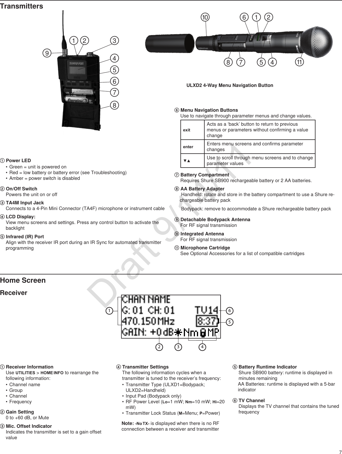 73 4516Transmitters① Power LED•Green = unit is powered on•Red = low battery or battery error (see Troubleshooting)•Amber = power switch is disabled ② On/Off SwitchPowers the unit on or off③ TA4M Input JackConnects to a 4-Pin Mini Connector (TA4F) microphone or instrument cable④ LCD Display: View menu screens and settings. Press any control button to activate the backlight⑤ Infrared (IR) Port Align with the receiver IR port during an IR Sync for automated transmitter programming⑥ Menu Navigation Buttons Use to navigate through parameter menus and change values. exitActs as a ‘back’ button to return to previous menus or parameters without confirming a value changeenter Enters menu screens and confirms parameter changes▼▲ Use to scroll through menu screens and to change parameter values⑦ Battery CompartmentRequires Shure SB900 rechargeable battery or 2 AA batteries.⑧ AA Battery Adapter Handheld: rotate and store in the battery compartment to use a Shure re-chargeable battery pack Bodypack: remove to accommodate a Shure rechargeable battery pack⑨ Detachable Bodypack AntennaFor RF signal transmission⑩ Integrated AntennaFor RF signal transmission⑪ Microphone CartridgeSee Optional Accessories for a list of compatible cartridges①②②③④④⑤⑤⑥⑥⑦⑦⑧⑧⑨⑪①⑩Home Screen④ Transmitter SettingsThe following information cycles when a transmitter is tuned to the receiver’s frequency:•Transmitter Type (ULXD1=Bodypack; ULXD2=Handheld)•Input Pad (Bodypack only)•RF Power Level (Lo=1 mW; Nm=10 mW; Hi=20 mW)•Transmitter Lock Status (M=Menu; P=Power)Note: -No TX- is displayed when there is no RF connection between a receiver and transmitter⑤ Battery Runtime IndicatorShure SB900 battery: runtime is displayed in minutes remainingAA Batteries: runtime is displayed with a 5-bar indicator⑥ TV ChannelDisplays the TV channel that contains the tuned frequencyReceiver① Receiver InformationUse UTILITIES &gt; HOME INFO to rearrange the following information:•Channel name•Group•Channel•Frequency ② Gain Setting0 to +60 dB, or Mute③ Mic. Offset IndicatorIndicates the transmitter is set to a gain offset value2ULXD2 4-Way Menu Navigation ButtonDraft 9/14/11