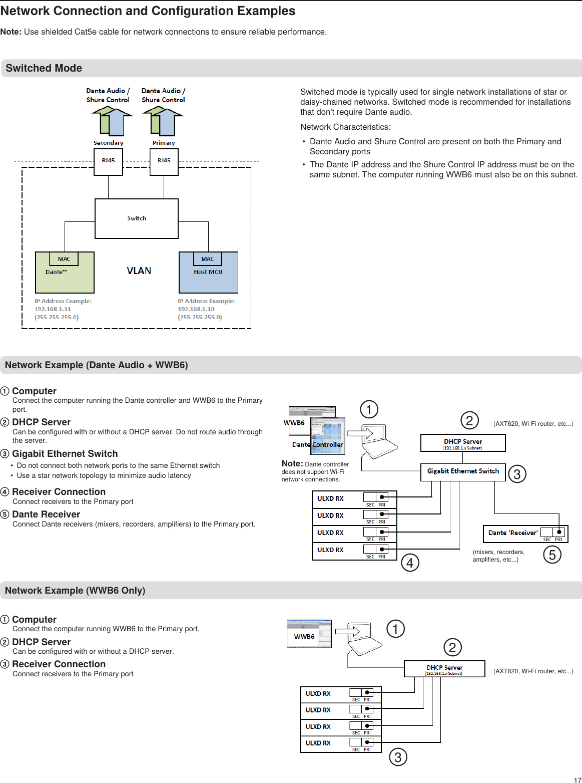 ①②②③③④⑤①17Network Connection and Configuration ExamplesNote: Use shielded Cat5e cable for network connections to ensure reliable performance.Switched ModeSwitched mode is typically used for single network installations of star or daisy-chained networks. Switched mode is recommended for installations that don&apos;t require Dante audio.Network Characteristics:•  Dante Audio and Shure Control are present on both the Primary and Secondary ports•  The Dante IP address and the Shure Control IP address must be on the same subnet. The computer running WWB6 must also be on this subnet.Network Example (Dante Audio + WWB6)① ComputerConnect the computer running the Dante controller and WWB6 to the Primary port.② DHCP ServerCan be configured with or without a DHCP server. Do not route audio through the server. ③ Gigabit Ethernet Switch•  Do not connect both network ports to the same Ethernet switch•  Use a star network topology to minimize audio latency④ Receiver ConnectionConnect receivers to the Primary port⑤ Dante ReceiverConnect Dante receivers (mixers, recorders, amplifiers) to the Primary port. Network Example (WWB6 Only)① ComputerConnect the computer running WWB6 to the Primary port.② DHCP ServerCan be configured with or without a DHCP server. ③ Receiver ConnectionConnect receivers to the Primary port(AXT620, Wi-Fi router, etc...)(mixers, recorders, amplifiers, etc...)(AXT620, Wi-Fi router, etc...)Note: Dante controller does not support Wi-Fi network connections.