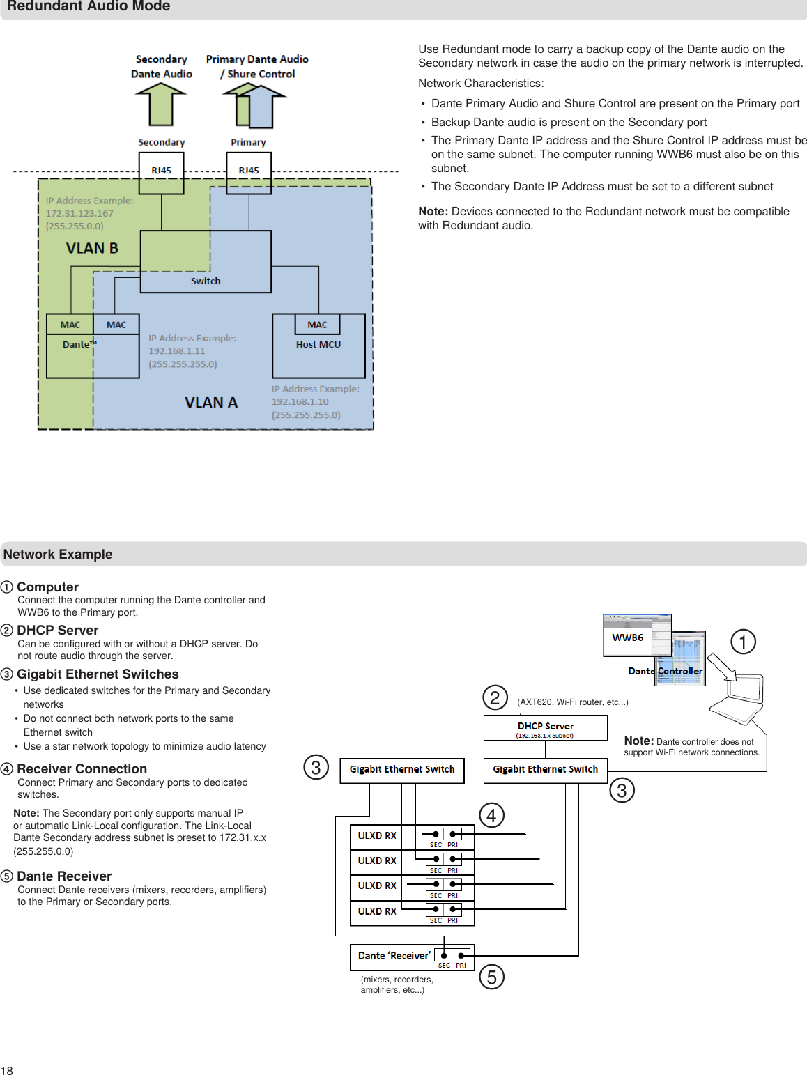 ①②③③④⑤18Redundant Audio ModeUse Redundant mode to carry a backup copy of the Dante audio on the Secondary network in case the audio on the primary network is interrupted. Network Characteristics:•  Dante Primary Audio and Shure Control are present on the Primary port•  Backup Dante audio is present on the Secondary port•  The Primary Dante IP address and the Shure Control IP address must be on the same subnet. The computer running WWB6 must also be on this subnet.•  The Secondary Dante IP Address must be set to a different subnetNote: Devices connected to the Redundant network must be compatible with Redundant audio.Network Example① ComputerConnect the computer running the Dante controller and WWB6 to the Primary port.② DHCP ServerCan be configured with or without a DHCP server. Do not route audio through the server. ③ Gigabit Ethernet Switches•  Use dedicated switches for the Primary and Secondary networks•  Do not connect both network ports to the same Ethernet switch•  Use a star network topology to minimize audio latency④ Receiver ConnectionConnect Primary and Secondary ports to dedicated switches.Note: The Secondary port only supports manual IP or automatic Link-Local configuration. The Link-Local Dante Secondary address subnet is preset to 172.31.x.x (255.255.0.0)⑤ Dante ReceiverConnect Dante receivers (mixers, recorders, amplifiers) to the Primary or Secondary ports.Note: Dante controller does not support Wi-Fi network connections.(AXT620, Wi-Fi router, etc...)(mixers, recorders, amplifiers, etc...)