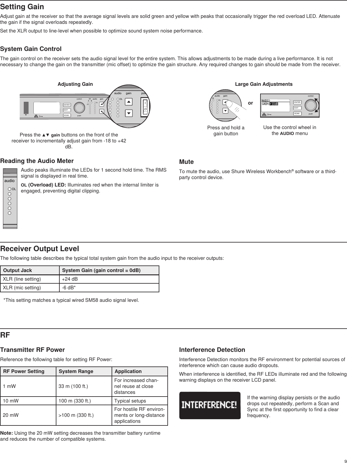 9Transmitter RF PowerReference the following table for setting RF Power:RF Power Setting System Range Application1 mW 33 m (100 ft.)For increased chan-nel reuse at close distances10 mW 100 m (330 ft.) Typical setups20 mW &gt;100 m (330 ft.)For hostile RF environ-ments or long-distance applications Note: Using the 20 mW setting decreases the transmitter battery runtime and reduces the number of compatible systems.Interference DetectionInterference Detection monitors the RF environment for potential sources of interference which can cause audio dropouts.When interference is identified, the RF LEDs illuminate red and the following warning displays on the receiver LCD panel.RFULXD4QDigital Wireless ReceiverpushcontrolENTEREXITSCANRFA BOLOLgain poweraudioIRSetting GainAdjust gain at the receiver so that the average signal levels are solid green and yellow with peaks that occasionally trigger the red overload LED. Attenuate the gain if the signal overloads repeatedly.Set the XLR output to line-level when possible to optimize sound system noise performance.ULXD4QDigital Wireless ReceiverpushcontrolENTEREXITSCANRFA BOLOLgain poweraudioIRRFABLOLgain poweraudioAdjusting GainPress the ▲▼ gain buttons on the front of the receiver to incrementally adjust gain from -18 to +42 dB.Large Gain AdjustmentsRFA BOLOLgainaudioULXD4Digital Wireless ReceiversyncpushcontrolENTEREXITSCANOLPress and hold a gain buttonorUse the control wheel in the AUDIO menuReceiver Output LevelThe following table describes the typical total system gain from the audio input to the receiver outputs:Output Jack System Gain (gain control = 0dB)XLR (line setting) +24 dBXLR (mic setting) -6 dB* System Gain ControlThe gain control on the receiver sets the audio signal level for the entire system. This allows adjustments to be made during a live performance. It is not necessary to change the gain on the transmitter (mic offset) to optimize the gain structure. Any required changes to gain should be made from the receiver. MuteTo mute the audio, use Shure Wireless Workbench® software or a third-party control device. Reading the Audio MeterIf the warning display persists or the audio drops out repeatedly, perform a Scan and Sync at the first opportunity to find a clear frequency.Audio peaks illuminate the LEDs for 1 second hold time. The RMS signal is displayed in real time.OL (Overload) LED: Illuminates red when the internal limiter is engaged, preventing digital clipping.*This setting matches a typical wired SM58 audio signal level.