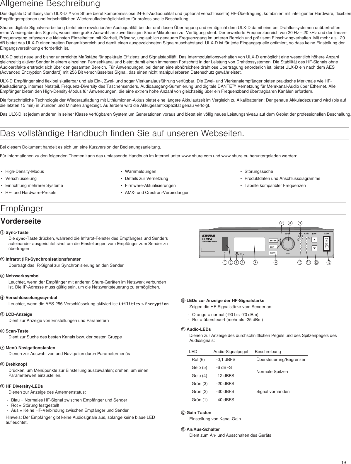 19Allgemeine BeschreibungDas digitale Drahtlossystem ULX-D™ von Shure bietet kompromisslose 24-Bit-Audioqualität und (optional verschlüsselte) HF-Übertragung, kombiniert mit intelligenter Hardware, flexiblen Empfängeroptionen und fortschrittlichen Wiederauflademöglichkeiten für professionelle Beschallung.Shures digitale Signalverarbeitung bietet eine revolutionäre Audioqualität bei der drahtlosen Übertragung und ermöglicht dem ULX-D damit eine bei Drahtlossystemen unübertroffen reine Wiedergabe des Signals, wobei eine große Auswahl an zuverlässigen Shure-Mikrofonen zur Verfügung steht. Der erweiterte Frequenzbereich von 20 Hz – 20 kHz und der lineare Frequenzgang erfassen die kleinsten Einzelheiten mit Klarheit, Präsenz, unglaublich genauem Frequenzgang im unteren Bereich und präzisem Einschwingverhalten. Mit mehr als 120 dB bietet das ULX-D einen breiten Dynamikbereich und damit einen ausgezeichneten Signalrauschabstand. ULX-D ist für jede Eingangsquelle optimiert, so dass keine Einstellung der Eingangsverstärkung erforderlich ist.ULX-D setzt neue und bisher unerreichte Maßstäbe für spektrale Effizienz und Signalstabilität. Das Intermodulationsverhalten von ULX-D ermöglicht eine wesentlich höhere Anzahl gleichzeitig aktiver Sender in einem einzelnen Fernsehkanal und bietet damit einen immensen Fortschritt in der Leistung von Drahtlossystemen. Die Stabilität des HF-Signals ohne Audioartifakte erstreckt sich über den gesamten Bereich. Für Anwendungen, bei denen eine abhörsichere drahtlose Übertragung erforderlich ist, bietet ULX-D ein nach dem AES (Advanced Encryption Standard) mit 256 Bit verschlüsseltes Signal, das einen nicht manipulierbaren Datenschutz gewährleistet.ULX-D Empfänger sind flexibel skalierbar und als Ein-, Zwei- und sogar Vierkanalausführung verfügbar. Die Zwei- und Vierkanalempfänger bieten praktische Merkmale wie HF-Kaskadierung, internes Netzteil, Frequenz-Diversity des Taschensenders, Audioausgang-Summierung und digitale DANTE™ Vernetzung für Mehrkanal-Audio über Ethernet. Alle Empfänger bieten den High-Density-Modus für Anwendungen, die eine extrem hohe Anzahl von gleichzeitig über ein Frequenzband übertragbaren Kanälen erfordern.Die fortschrittliche Technologie der Wiederaufladung mit Lithiumionen-Akkus bietet eine längere Akkulaufzeit im Vergleich zu Alkalibatterien: Der genaue Akkuladezustand wird (bis auf die letzten 15 min) in Stunden und Minuten angezeigt. Außerdem wird die Akkugesamtkapazität genau verfolgt.Das ULX-D ist jedem anderen in seiner Klasse verfügbaren System um Generationen voraus und bietet ein völlig neues Leistungsniveau auf dem Gebiet der professionellen Beschallung.•  High-Density-Modus•  Verschlüsselung•  Einrichtung mehrerer Systeme•  HF- und Hardware-Presets•  Warnmeldungen•  Details zur Vernetzung•  Firmware-Aktualisierungen•  AMX- und Crestron-Verbindungen•  Störungssuche•  Produktdaten und Anschlussdiagramme•  Tabelle kompatibler FrequenzenVorderseiteDas vollständige Handbuch finden Sie auf unseren Webseiten.Bei diesem Dokument handelt es sich um eine Kurzversion der Bedienungsanleitung. Für Informationen zu den folgenden Themen kann das umfassende Handbuch im Internet unter www.shure.com und www.shure.eu heruntergeladen werden: Empfänger① Sync-TasteDie sync-Taste drücken, während die Infrarot-Fenster des Empfängers und Senders aufeinander ausgerichtet sind, um die Einstellungen vom Empfänger zum Sender zu übertragen② Infrarot (IR)-SynchronisationsfensterÜberträgt das IR-Signal zur Synchronisierung an den Sender③ Netzwerksymbol Leuchtet, wenn der Empfänger mit anderen Shure-Geräten im Netzwerk verbunden ist. Die IP-Adresse muss gültig sein, um die Netzwerksteuerung zu ermöglichen.④ Verschlüsselungssymbol Leuchtet, wenn die AES-256-Verschlüsselung aktiviert ist: Utilities &gt; Encryption ⑤ LCD-AnzeigeDient zur Anzeige von Einstellungen und Parametern⑥ Scan-Taste Dient zur Suche des besten Kanals bzw. der besten Gruppe⑦ Menü-Navigationstasten Dienen zur Auswahl von und Navigation durch Parametermenüs⑧ DrehknopfDrücken, um Menüpunkte zur Einstellung auszuwählen; drehen, um einen Parameterwert einzustellen.⑨ HF Diversity-LEDsDienen zur Anzeige des Antennenstatus: - Blau = Normales HF-Signal zwischen Empfänger und Sender - Rot = Störung festgestellt - Aus = Keine HF-Verbindung zwischen Empfänger und SenderHinweis: Der Empfänger gibt keine Audiosignale aus, solange keine blaue LED aufleuchtet.⑩ LEDs zur Anzeige der HF-SignalstärkeZeigen die HF-Signalstärke vom Sender an:  - Orange = normal (-90 bis -70 dBm) - Rot = übersteuert (mehr als -25 dBm)⑪ Audio-LEDsDienen zur Anzeige des durchschnittlichen Pegels und des Spitzenpegels des Audiosignals: LED Audio-Signalpegel  BeschreibungRot (6) -0,1 dBFS Übersteuerung/BegrenzerGelb (5) -6 dBFS Normale SpitzenGelb (4) -12 dBFSGrün (3) -20 dBFSSignal vorhandenGrün (2) -30 dBFSGrün (1) -40 dBFS⑫ Gain-TastenEinstellung von Kanal-Gain⑬ An/Aus-SchalterDient zum An- und Ausschalten des Geräts