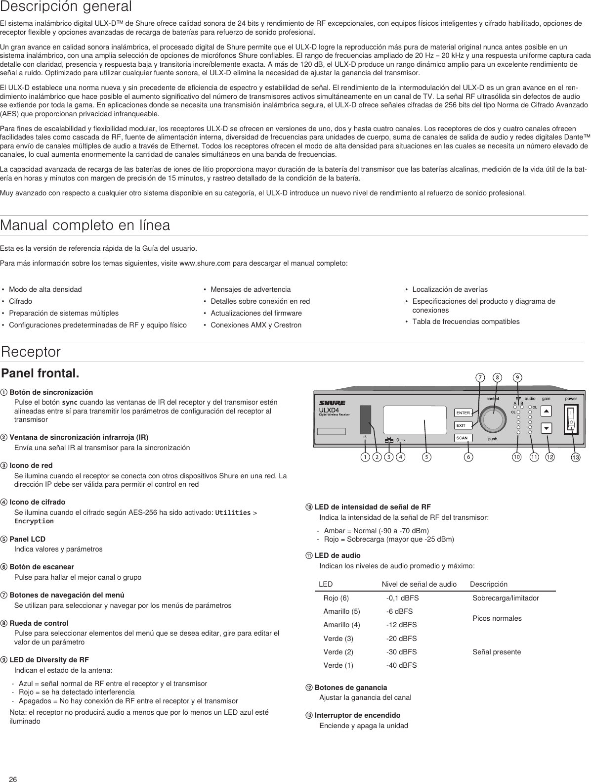 26Descripción generalEl sistema inalámbrico digital ULX-D™ de Shure ofrece calidad sonora de 24 bits y rendimiento de RF excepcionales, con equipos físicos inteligentes y cifrado habilitado, opciones de receptor flexible y opciones avanzadas de recarga de baterías para refuerzo de sonido profesional.Un gran avance en calidad sonora inalámbrica, el procesado digital de Shure permite que el ULX-D logre la reproducción más pura de material original nunca antes posible en un sistema inalámbrico, con una amplia selección de opciones de micrófonos Shure confiables. El rango de frecuencias ampliado de 20 Hz – 20 kHz y una respuesta uniforme captura cada detalle con claridad, presencia y respuesta baja y transitoria increíblemente exacta. A más de 120 dB, el ULX-D produce un rango dinámico amplio para un excelente rendimiento de señal a ruido. Optimizado para utilizar cualquier fuente sonora, el ULX-D elimina la necesidad de ajustar la ganancia del transmisor.El ULX-D establece una norma nueva y sin precedente de eficiencia de espectro y estabilidad de señal. El rendimiento de la intermodulación del ULX-D es un gran avance en el ren-dimiento inalámbrico que hace posible el aumento significativo del número de transmisores activos simultáneamente en un canal de TV. La señal RF ultrasólida sin defectos de audio se extiende por toda la gama. En aplicaciones donde se necesita una transmisión inalámbrica segura, el ULX-D ofrece señales cifradas de 256 bits del tipo Norma de Cifrado Avanzado (AES) que proporcionan privacidad infranqueable.Para fines de escalabilidad y flexibilidad modular, los receptores ULX-D se ofrecen en versiones de uno, dos y hasta cuatro canales. Los receptores de dos y cuatro canales ofrecen facilidades tales como cascada de RF, fuente de alimentación interna, diversidad de frecuencias para unidades de cuerpo, suma de canales de salida de audio y redes digitales Dante™ para envío de canales múltiples de audio a través de Ethernet. Todos los receptores ofrecen el modo de alta densidad para situaciones en las cuales se necesita un número elevado de canales, lo cual aumenta enormemente la cantidad de canales simultáneos en una banda de frecuencias.La capacidad avanzada de recarga de las baterías de iones de litio proporciona mayor duración de la batería del transmisor que las baterías alcalinas, medición de la vida útil de la bat-ería en horas y minutos con margen de precisión de 15 minutos, y rastreo detallado de la condición de la batería.Muy avanzado con respecto a cualquier otro sistema disponible en su categoría, el ULX-D introduce un nuevo nivel de rendimiento al refuerzo de sonido profesional.•  Modo de alta densidad•  Cifrado•  Preparación de sistemas múltiples•  Configuraciones predeterminadas de RF y equipo físico•  Mensajes de advertencia•  Detalles sobre conexión en red•  Actualizaciones del firmware•  Conexiones AMX y Crestron•  Localización de averías•  Especificaciones del producto y diagrama de conexiones•  Tabla de frecuencias compatiblesPanel frontal.Manual completo en líneaEsta es la versión de referencia rápida de la Guía del usuario. Para más información sobre los temas siguientes, visite www.shure.com para descargar el manual completo: Receptor① Botón de sincronizaciónPulse el botón sync cuando las ventanas de IR del receptor y del transmisor estén alineadas entre sí para transmitir los parámetros de configuración del receptor al transmisor② Ventana de sincronización infrarroja (IR)Envía una señal IR al transmisor para la sincronización③ Icono de red Se ilumina cuando el receptor se conecta con otros dispositivos Shure en una red. La dirección IP debe ser válida para permitir el control en red④ Icono de cifrado Se ilumina cuando el cifrado según AES-256 ha sido activado: Utilities &gt; Encryption ⑤ Panel LCDIndica valores y parámetros⑥ Botón de escanear Pulse para hallar el mejor canal o grupo⑦ Botones de navegación del menú Se utilizan para seleccionar y navegar por los menús de parámetros⑧ Rueda de controlPulse para seleccionar elementos del menú que se desea editar, gire para editar el valor de un parámetro⑨ LED de Diversity de RFIndican el estado de la antena: - Azul = señal normal de RF entre el receptor y el transmisor - Rojo = se ha detectado interferencia - Apagados = No hay conexión de RF entre el receptor y el transmisorNota: el receptor no producirá audio a menos que por lo menos un LED azul esté iluminado⑩ LED de intensidad de señal de RFIndica la intensidad de la señal de RF del transmisor:  - Ambar = Normal (-90 a -70 dBm) - Rojo = Sobrecarga (mayor que -25 dBm)⑪ LED de audioIndican los niveles de audio promedio y máximo: LED Nivel de señal de audio  DescripciónRojo (6) -0,1 dBFS Sobrecarga/limitadorAmarillo (5) -6 dBFS Picos normalesAmarillo (4) -12 dBFSVerde (3) -20 dBFSSeñal presenteVerde (2) -30 dBFSVerde (1) -40 dBFS⑫ Botones de gananciaAjustar la ganancia del canal⑬ Interruptor de encendidoEnciende y apaga la unidad