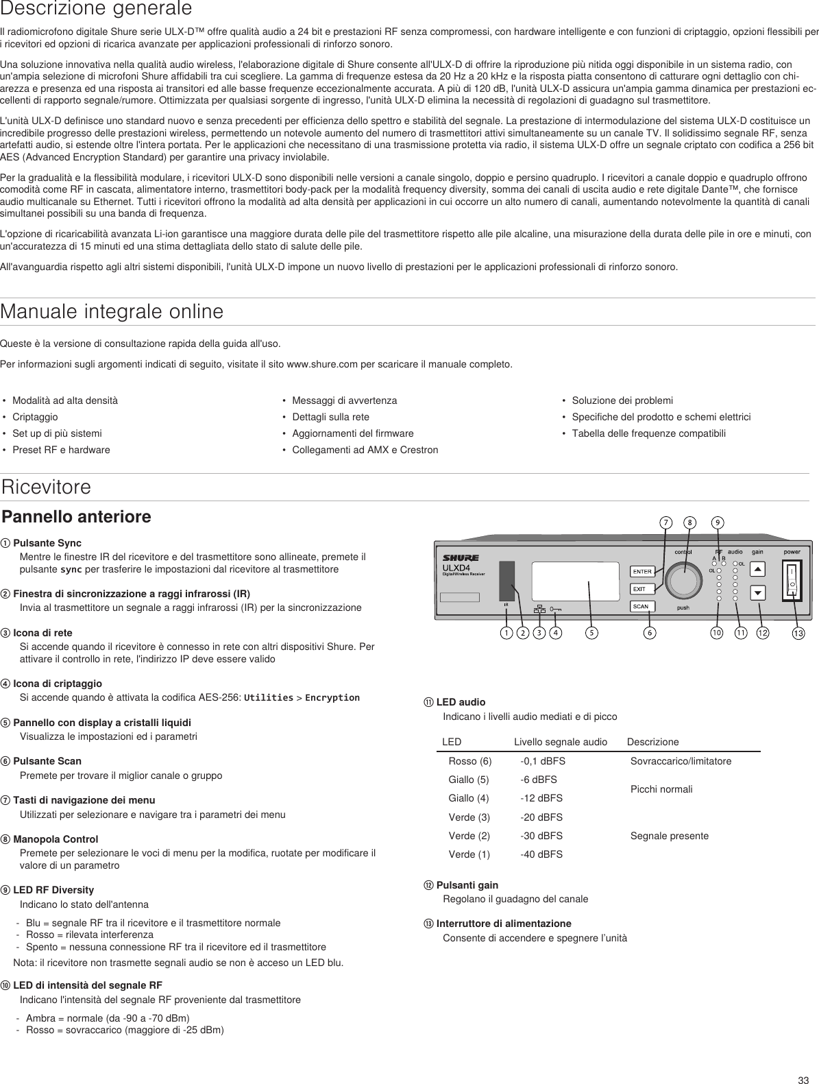 33Descrizione generaleIl radiomicrofono digitale Shure serie ULX-D™ offre qualità audio a 24 bit e prestazioni RF senza compromessi, con hardware intelligente e con funzioni di criptaggio, opzioni flessibili per i ricevitori ed opzioni di ricarica avanzate per applicazioni professionali di rinforzo sonoro.Una soluzione innovativa nella qualità audio wireless, l&apos;elaborazione digitale di Shure consente all&apos;ULX-D di offrire la riproduzione più nitida oggi disponibile in un sistema radio, con un&apos;ampia selezione di microfoni Shure affidabili tra cui scegliere. La gamma di frequenze estesa da 20 Hz a 20 kHz e la risposta piatta consentono di catturare ogni dettaglio con chi-arezza e presenza ed una risposta ai transitori ed alle basse frequenze eccezionalmente accurata. A più di 120 dB, l&apos;unità ULX-D assicura un&apos;ampia gamma dinamica per prestazioni ec-cellenti di rapporto segnale/rumore. Ottimizzata per qualsiasi sorgente di ingresso, l&apos;unità ULX-D elimina la necessità di regolazioni di guadagno sul trasmettitore.L&apos;unità ULX-D definisce uno standard nuovo e senza precedenti per efficienza dello spettro e stabilità del segnale. La prestazione di intermodulazione del sistema ULX-D costituisce un incredibile progresso delle prestazioni wireless, permettendo un notevole aumento del numero di trasmettitori attivi simultaneamente su un canale TV. Il solidissimo segnale RF, senza artefatti audio, si estende oltre l&apos;intera portata. Per le applicazioni che necessitano di una trasmissione protetta via radio, il sistema ULX-D offre un segnale criptato con codifica a 256 bit AES (Advanced Encryption Standard) per garantire una privacy inviolabile.Per la gradualità e la flessibilità modulare, i ricevitori ULX-D sono disponibili nelle versioni a canale singolo, doppio e persino quadruplo. I ricevitori a canale doppio e quadruplo offrono comodità come RF in cascata, alimentatore interno, trasmettitori body-pack per la modalità frequency diversity, somma dei canali di uscita audio e rete digitale Dante™, che fornisce audio multicanale su Ethernet. Tutti i ricevitori offrono la modalità ad alta densità per applicazioni in cui occorre un alto numero di canali, aumentando notevolmente la quantità di canali simultanei possibili su una banda di frequenza.L&apos;opzione di ricaricabilità avanzata Li-ion garantisce una maggiore durata delle pile del trasmettitore rispetto alle pile alcaline, una misurazione della durata delle pile in ore e minuti, con un&apos;accuratezza di 15 minuti ed una stima dettagliata dello stato di salute delle pile.All&apos;avanguardia rispetto agli altri sistemi disponibili, l&apos;unità ULX-D impone un nuovo livello di prestazioni per le applicazioni professionali di rinforzo sonoro.•  Modalità ad alta densità•  Criptaggio•  Set up di più sistemi•  Preset RF e hardware•  Messaggi di avvertenza•  Dettagli sulla rete•  Aggiornamenti del firmware•  Collegamenti ad AMX e Crestron•  Soluzione dei problemi•  Specifiche del prodotto e schemi elettrici•  Tabella delle frequenze compatibiliPannello anterioreManuale integrale onlineQueste è la versione di consultazione rapida della guida all&apos;uso. Per informazioni sugli argomenti indicati di seguito, visitate il sito www.shure.com per scaricare il manuale completo. Ricevitore① Pulsante SyncMentre le finestre IR del ricevitore e del trasmettitore sono allineate, premete il pulsante sync per trasferire le impostazioni dal ricevitore al trasmettitore② Finestra di sincronizzazione a raggi infrarossi (IR)Invia al trasmettitore un segnale a raggi infrarossi (IR) per la sincronizzazione③ Icona di rete Si accende quando il ricevitore è connesso in rete con altri dispositivi Shure. Per attivare il controllo in rete, l&apos;indirizzo IP deve essere valido④ Icona di criptaggio Si accende quando è attivata la codifica AES-256: Utilities &gt; Encryption ⑤ Pannello con display a cristalli liquidiVisualizza le impostazioni ed i parametri⑥ Pulsante Scan Premete per trovare il miglior canale o gruppo⑦ Tasti di navigazione dei menu Utilizzati per selezionare e navigare tra i parametri dei menu⑧ Manopola ControlPremete per selezionare le voci di menu per la modifica, ruotate per modificare il valore di un parametro⑨ LED RF DiversityIndicano lo stato dell&apos;antenna - Blu = segnale RF tra il ricevitore e il trasmettitore normale - Rosso = rilevata interferenza - Spento = nessuna connessione RF tra il ricevitore ed il trasmettitoreNota: il ricevitore non trasmette segnali audio se non è acceso un LED blu.⑩ LED di intensità del segnale RFIndicano l&apos;intensità del segnale RF proveniente dal trasmettitore  - Ambra = normale (da -90 a -70 dBm) - Rosso = sovraccarico (maggiore di -25 dBm)⑪ LED audioIndicano i livelli audio mediati e di picco LED Livello segnale audio  DescrizioneRosso (6) -0,1 dBFS Sovraccarico/limitatoreGiallo (5) -6 dBFS Picchi normaliGiallo (4) -12 dBFSVerde (3) -20 dBFSSegnale presenteVerde (2) -30 dBFSVerde (1) -40 dBFS⑫ Pulsanti gainRegolano il guadagno del canale⑬ Interruttore di alimentazioneConsente di accendere e spegnere l’unità