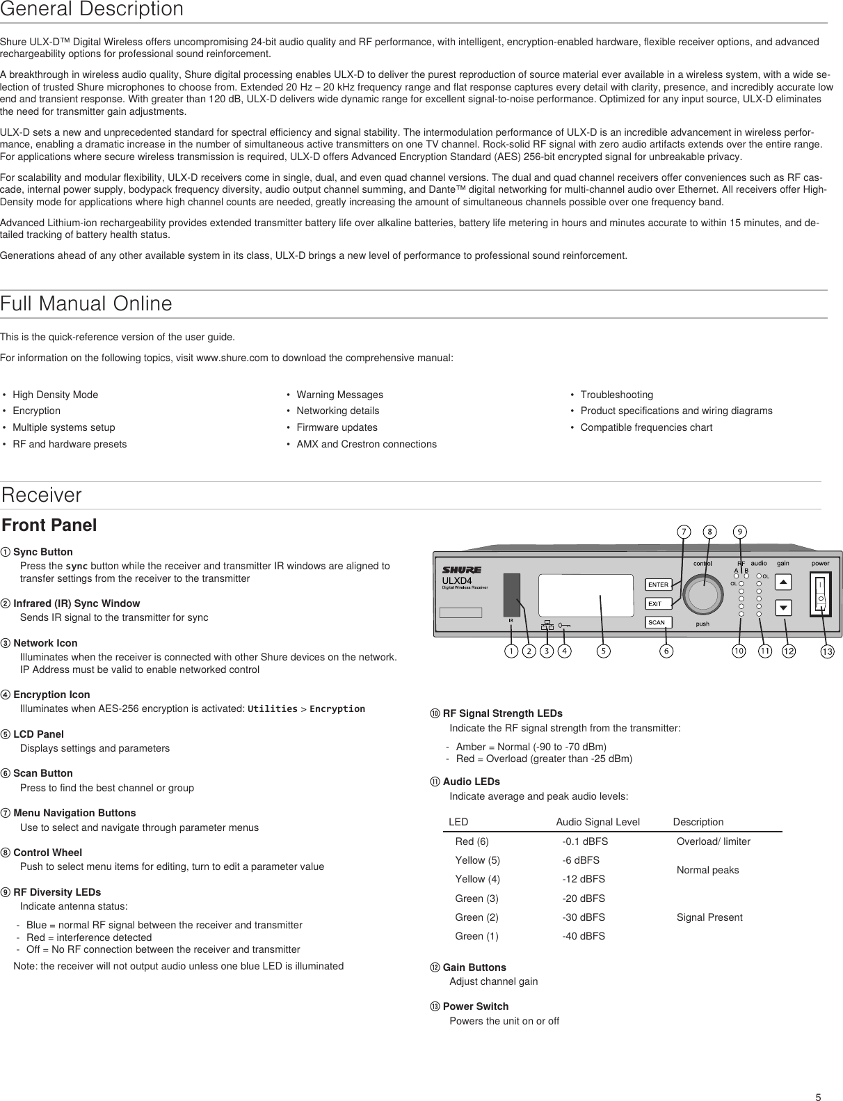 5General DescriptionShure ULX-D™ Digital Wireless offers uncompromising 24-bit audio quality and RF performance, with intelligent, encryption-enabled hardware, flexible receiver options, and advanced rechargeability options for professional sound reinforcement.A breakthrough in wireless audio quality, Shure digital processing enables ULX-D to deliver the purest reproduction of source material ever available in a wireless system, with a wide se-lection of trusted Shure microphones to choose from. Extended 20 Hz – 20 kHz frequency range and flat response captures every detail with clarity, presence, and incredibly accurate low end and transient response. With greater than 120 dB, ULX-D delivers wide dynamic range for excellent signal-to-noise performance. Optimized for any input source, ULX-D eliminates the need for transmitter gain adjustments.ULX-D sets a new and unprecedented standard for spectral efficiency and signal stability. The intermodulation performance of ULX-D is an incredible advancement in wireless perfor-mance, enabling a dramatic increase in the number of simultaneous active transmitters on one TV channel. Rock-solid RF signal with zero audio artifacts extends over the entire range. For applications where secure wireless transmission is required, ULX-D offers Advanced Encryption Standard (AES) 256-bit encrypted signal for unbreakable privacy.For scalability and modular flexibility, ULX-D receivers come in single, dual, and even quad channel versions. The dual and quad channel receivers offer conveniences such as RF cas-cade, internal power supply, bodypack frequency diversity, audio output channel summing, and Dante™ digital networking for multi-channel audio over Ethernet. All receivers offer High-Density mode for applications where high channel counts are needed, greatly increasing the amount of simultaneous channels possible over one frequency band.Advanced Lithium-ion rechargeability provides extended transmitter battery life over alkaline batteries, battery life metering in hours and minutes accurate to within 15 minutes, and de-tailed tracking of battery health status.Generations ahead of any other available system in its class, ULX-D brings a new level of performance to professional sound reinforcement.•  High Density Mode•  Encryption•  Multiple systems setup•  RF and hardware presets•  Warning Messages•  Networking details•  Firmware updates•  AMX and Crestron connections•  Troubleshooting•  Product specifications and wiring diagrams•  Compatible frequencies chartFront PanelFull Manual OnlineThis is the quick-reference version of the user guide. For information on the following topics, visit www.shure.com to download the comprehensive manual: Receiver① Sync ButtonPress the sync button while the receiver and transmitter IR windows are aligned to transfer settings from the receiver to the transmitter② Infrared (IR) Sync WindowSends IR signal to the transmitter for sync③ Network Icon Illuminates when the receiver is connected with other Shure devices on the network. IP Address must be valid to enable networked control④ Encryption Icon Illuminates when AES-256 encryption is activated: Utilities &gt; Encryption ⑤ LCD PanelDisplays settings and parameters⑥ Scan Button Press to find the best channel or group⑦ Menu Navigation Buttons Use to select and navigate through parameter menus⑧ Control WheelPush to select menu items for editing, turn to edit a parameter value⑨ RF Diversity LEDsIndicate antenna status: - Blue = normal RF signal between the receiver and transmitter - Red = interference detected - Off = No RF connection between the receiver and transmitterNote: the receiver will not output audio unless one blue LED is illuminated⑩ RF Signal Strength LEDsIndicate the RF signal strength from the transmitter:  - Amber = Normal (-90 to -70 dBm) - Red = Overload (greater than -25 dBm)⑪ Audio LEDsIndicate average and peak audio levels: LED Audio Signal Level  DescriptionRed (6) -0.1 dBFS Overload/ limiterYellow (5) -6 dBFS Normal peaksYellow (4) -12 dBFSGreen (3) -20 dBFSSignal PresentGreen (2) -30 dBFSGreen (1) -40 dBFS⑫ Gain ButtonsAdjust channel gain⑬ Power SwitchPowers the unit on or off