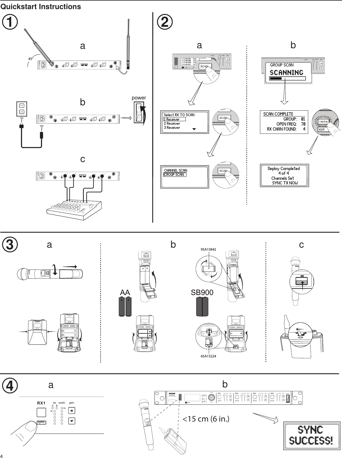 4poweronno2DXLUonULXD1ULXD1sync pushcontrolENTEREXITSCANRFA BOLOLgainaudiosync pushcontrolENTEREXITSCANRFA BOLOLgainaudioaabbbc4ULXD4Digital Wireless Receiversync31 2AA SB900baconULXD2onULXD2A150 mA45°linemiclinemiclinemiclinemiclinemiclinemiclinemiclinemiclinemiclinemiclinemiclinemicaULXD4QDigital Wireless ReceiverpushcontrolENTEREXITSCANpowerRFA BOLOLgainaudio RFA BOLOLgainaudio RFA BOLOLgainaudio RFA BOLOLgainaudioRX1 RX2 RX3 RX4onULXD2&lt;15 cm (6 in.) RFA BOLOLgainaudioRX1sync1-G: 01CH:03     TxOn2-G: 01CH:06     TxOn3-G: 01CH:08     TxOn4-G: 01CH:12     TxOnSelect RX TO SCAN1 Receiver     2 Receiver     3 Receiver     CHANNEL SCANCROUP SCAN          GROUP SCAN             SCAN COMPLETE    GROUP:    01     OPEN FREQ:    70      RX CHAN FOUND:      4     Deploy Completed    4 of 4    Channels Set      SYNC TX NOW 95A1584265A15224EXITSCANEXITSCANEXITSCAN! ! ! ! ! !!!!!!!!!!!!!!!! !!!! ! ! !Quickstart Instructions