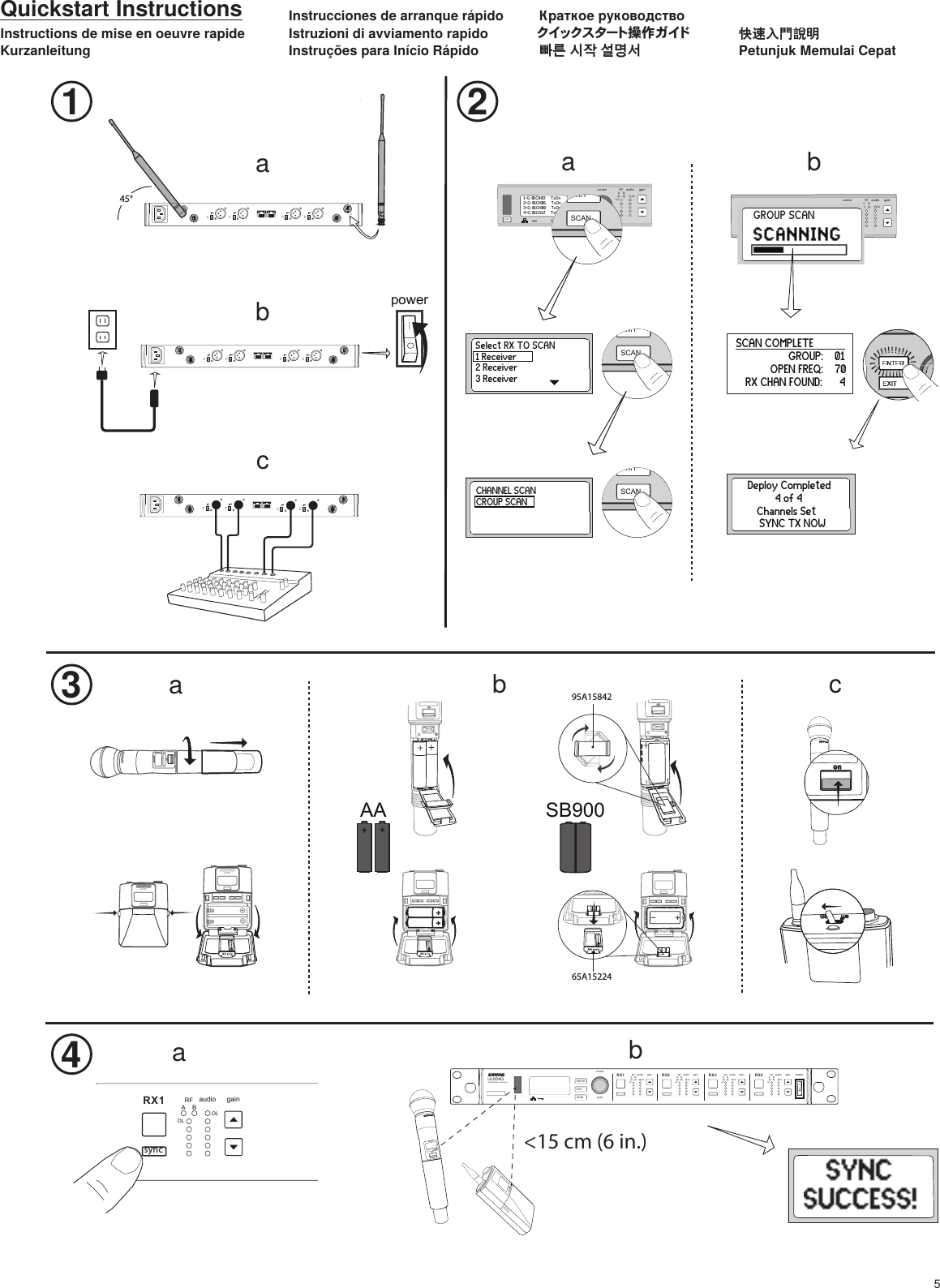 5poweronno2DXLUonULXD1ULXD1sync pushcontrolENTEREXITSCANRFA BOLOLgainaudiosync pushcontrolENTEREXITSCANRFA BOLOLgainaudioaabbbc4ULXD4Digital Wireless Receiversync31 2AA SB900baconULXD2onULXD2A150 mA45°linemiclinemiclinemiclinemiclinemiclinemiclinemiclinemiclinemiclinemiclinemiclinemicaULXD4QDigital Wireless ReceiverpushcontrolENTEREXITSCANpowerRFA BOLOLgainaudio RFA BOLOLgainaudio RFA BOLOLgainaudio RFA BOLOLgainaudioRX1 RX2 RX3 RX4onULXD2&lt;15 cm (6 in.) RFA BOLOLgainaudioRX1sync1-G: 01CH:03     TxOn2-G: 01CH:06     TxOn3-G: 01CH:08     TxOn4-G: 01CH:12     TxOnSelect RX TO SCAN1 Receiver     2 Receiver     3 Receiver     CHANNEL SCANCROUP SCAN          GROUP SCAN             SCAN COMPLETE    GROUP:    01     OPEN FREQ:    70      RX CHAN FOUND:      4     Deploy Completed    4 of 4    Channels Set      SYNC TX NOW 95A1584265A15224EXITSCANEXITSCANEXITSCAN! ! ! ! ! !!!!!!!!!!!!!!!! !!!! ! ! !Petunjuk Memulai Cepat快速入門說明빠른 시작 설명서ク イック ス タート 操 作 ガ イドКраткое руководствоInstruções para Início RápidoIstruzioni di avviamento rapidoInstrucciones de arranque rápidoKurzanleitungInstructions de mise en oeuvre rapideQuickstart Instructions