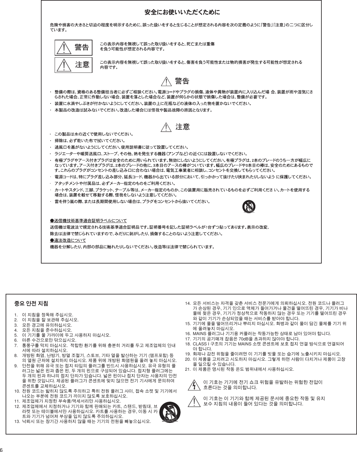 6중요 안전 지침1.  이 지침을 정독해 주십시오. 2.  이 지침을 잘 보관해 주십시오. 3.  모든 경고에 유의하십시오.4.  모든 지침을 준수하십시오. 5.  이 기기를 물 가까이에 두고 사용하지 마십시오. 6.  마른 수건으로만 닦으십시오. 7.  통풍구를 막지 마십시오.  적합한 환기를 위해 충분히 거리를 두고 제조업체의 안내서에 따라 설치하십시오. 8.  개방된 화염, 난방기, 방열 조절기, 스토브, 기타 열을 발산하는 기기 (앰프포함) 등의 열원 근처에 설치하지 마십시오. 제품 위에 개방된 화염원을 올려 놓지 마십시오. 9.  안전을 위해 유극 또는 접지 타입의 플러그를 반드시 사용하십시오. 유극 유형의 플러그는 넓은 핀과 좁은 핀, 두 개의 핀으로 구성되어 있습니다. 접지형 플러그에는 두 개의 핀과 하나의 접지 단자가 있습니다. 넓은 핀이나 접지 단자는 사용자의 안전을 위한 것입니다. 제공된 플러그가 콘센트에 맞지 않으면 전기 기사에게 문의하여 콘센트를 교체하십시오.  10.  전원 코드는 밟히지 않도록 주의하고 특히 전원 플러그 사이, 접속 소켓 및 기기에서 나오는 부분에 전원 코드가 끼이지 않도록 보호하십시오. 11.  제조업체가 지정한 부속품/액세서리만 사용하십시오.12.  제조업체에서 지정하거나 기기와 함께 판매되는 카트, 스탠드, 받침대, 브라켓 또는 테이블에서만 사용하십시오. 카트를 사용하는 경우, 이동 시 카트와 기기가 넘어져 부상을 입지 않도록 주의하십시오.13.  낙뢰시 또는 장기간 사용하지 않을 때는 기기의 전원을 빼놓으십시오. 14.  모든 서비스는 자격을 갖춘 서비스 전문가에게 의뢰하십시오. 전원 코드나 플러그가 손상된 경우, 기기 안으로 액체가 들어가거나 물건을 떨어뜨린 경우, 기기가 비나 물에 젖은 경우, 기기가 정상적으로 작동하지 않는 경우 또는 기기를 떨어뜨린 경우와 같이 기기가 손상되었을 때는 서비스를 받아야 합니다. 15.  기기에 물을 떨어뜨리거나 뿌리지 마십시오. 화병과 같이 물이 담긴 물체를 기기 위에 올려놓지 마십시오. 16.  MAINS 플러그나 기기용 커플러는 작동가능한 상태로 남아 있어야 합니다. 17.  기기의 공기매개 잡음은 70dB을 초과하지 않아야 합니다. 18.  CLASS I 구조의 기기는 MAINS 소켓 콘센트에 보호 접지 연결 방식으로 연결되어야 합니다. 19.  화재나 감전 위험을 줄이려면 이 기기를 빗물 또는 습기에 노출시키지 마십시오. 20.  이 제품을 고치려고 시도하지 마십시오. 그렇게 하면 사람이 다치거나 제품이 고장을 일으킬 수 있습니다.21.  이 제품은 명시된 작동 온도 범위내에서 사용하십시오. 이 기호는 기기에 전기 쇼크 위험을 유발하는 위험한 전압이 흐른다는 것을 의미합니다.이 기호는 이 기기와 함께 제공된 문서에 중요한 작동 및 유지보수 지침의 내용이 들어 있다는 것을 의미합니다. 