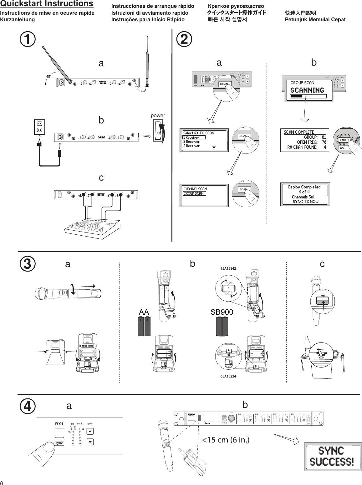 8poweronno2DXLUonULXD1ULXD1sync pushcontrolENTEREXITSCANRFA BOLOLgainaudiosync pushcontrolENTEREXITSCANRFA BOLOLgainaudioaabbbc4ULXD4Digital Wireless Receiversync31 2AA SB900baconULXD2onULXD2A150 mA45°linemiclinemiclinemiclinemiclinemiclinemiclinemiclinemiclinemiclinemiclinemiclinemicaULXD4QDigital Wireless ReceiverpushcontrolENTEREXITSCANpowerRFA BOLOLgainaudio RFA BOLOLgainaudio RFA BOLOLgainaudio RFA BOLOLgainaudioRX1 RX2 RX3 RX4onULXD2&lt;15 cm (6 in.) RFA BOLOLgainaudioRX1sync1-G: 01CH:03     TxOn2-G: 01CH:06     TxOn3-G: 01CH:08     TxOn4-G: 01CH:12     TxOnSelect RX TO SCAN1 Receiver     2 Receiver     3 Receiver     CHANNEL SCANCROUP SCAN          GROUP SCAN             SCAN COMPLETE    GROUP:    01     OPEN FREQ:    70      RX CHAN FOUND:      4     Deploy Completed    4 of 4    Channels Set      SYNC TX NOW 95A1584265A15224EXITSCANEXITSCANEXITSCAN! ! ! ! ! !!!!!!!!!!!!!!!! !!!! ! ! !Petunjuk Memulai Cepat快速入門說明빠른 시작 설명서ク イック ス タ ート 操 作 ガ イドКраткое руководствоInstruções para Início RápidoIstruzioni di avviamento rapidoInstrucciones de arranque rápidoKurzanleitungInstructions de mise en oeuvre rapideQuickstart Instructions