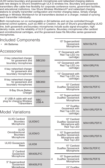4ULXD series boundary and gooseneck microphones and networked charging stations add new designs to Shure&apos;s breakthrough ULX-D wireless line. Boundary and gooseneck transmitters offer cable-free flexibility for corporate conference rooms, government facilities, and educational institutions. Use Shure Wireless Workbench® and networked charging stations to simplify transmitter configuration and monitor charging status. Simply change settings in Wireless Workbench for all transmitters docked on a charger, instead of syncing each transmitter individually.Both microphones run on rechargeable or AA batteries and can be controlled through external control systems, such as AMX or Crestron. As part of Shure&apos;s groundbreaking ULXD line, both gooseneck and boundary microphones include audio signal encryption, high-density mode, and the reliability of ULX-D systems. Boundary microphones offer cardioid and omnidirectional cartridges, and the gooseneck base fits Microflex series gooseneck microphones.Included Components•  AA BatteriesAccessories2-bay networked charger for gooseneck and boundary microphonesSBC2504-bay networked charger for gooseneck and boundary microphonesSBC4508-bay networked charger for gooseneck and boundary microphonesSBC8508-Bay Shure Battery Charger SBC8006&apos; USB-A cable with wall plug for charging Wireless TransmittersSBC-USB-AModel VariationsULXD Cardioid Boundary MicrophoneULXD6/CULXD Omnidirectional Boundary MicrophoneULXD6/OULXD Gooseneck Base ULXD85&quot; Cardioid Gooseneck MicrophoneMX405LP/C5&quot; Supercardioid Gooseneck MicrophoneMX405LP/S10&quot; Cardioid Gooseneck MicrophoneMX410LP/C10&quot; Supercardioid Gooseneck MicrophoneMX410LP/S15&quot; Cardioid Gooseneck MicrophoneMX415LP/C15&quot; Supercardioid Gooseneck MicrophoneMX415LP/S5&quot; Gooseneck with Red Top LED (no cartridge)MX405RLP/N10&quot; Gooseneck with Red Top LED (no cartridge)MX410RLP/N15&quot; Gooseneck with Red Top LED (no cartridge)MX415RLP/N10&quot; Cardioid Dualflex Gooseneck MicrophoneMX410LPDF/C10&quot; Supercardioid Dualflex Gooseneck MicrophoneMX410LPDF/S10&quot; Dualflex Gooseneck with Red Top LED (no cartridge)MX410RLPDF/N10&quot; Cardioid Dualflex Gooseneck Microphone with Red Top LEDMX410RLPDF/C10&quot; Supercardioid Dualflex Gooseneck Microphone with Red Top LEDMX410RLPDF/S15&quot; Cardioid Dualflex Gooseneck MicrophoneMX415LPDF/C15&quot; Supercardioid Dualflex Gooseneck MicrophoneMX415LPDF/S15&quot; Dualflex Gooseneck with Red Top LED (no cartridge)MX415RLPDF/N15&quot; Cardioid Dualflex Gooseneck Microphone with Red Top LEDMX415RLPDF/C15&quot; Supercardioid Dualflex Gooseneck Microphone with Red Top LEDMX415RLPDF/S