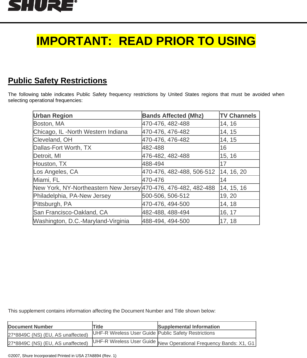    IMPORTANT:  READ PRIOR TO USING   Public Safety Restrictions The following table indicates Public Safety frequency restrictions by United States regions that must be avoided when selecting operational frequencies:  Urban Region   Bands Affected (Mhz)   TV Channels Boston, MA   470-476, 482-488   14, 16  Chicago, IL -North Western Indiana   470-476, 476-482   14, 15  Cleveland, OH   470-476, 476-482   14, 15  Dallas-Fort Worth, TX   482-488   16 Detroit, MI   476-482, 482-488   15, 16  Houston, TX   488-494   17 Los Angeles, CA   470-476, 482-488, 506-512   14, 16, 20  Miami, FL   470-476   14 New York, NY-Northeastern New Jersey 470-476, 476-482, 482-488   14, 15, 16  Philadelphia, PA-New Jersey   500-506, 506-512   19, 20  Pittsburgh, PA   470-476, 494-500   14, 18  San Francisco-Oakland, CA   482-488, 488-494   16, 17  Washington, D.C.-Maryland-Virginia   488-494, 494-500   17, 18              This supplement contains information affecting the Document Number and Title shown below: Document Number   Title   Supplemental Information  27*8849C (NS) (EU, AS unaffected)   UHF-R Wireless User Guide  Public Safety Restrictions  27*8849C (NS) (EU, AS unaffected)   UHF-R Wireless User Guide  New Operational Frequency Bands: X1, G1  ©2007, Shure Incorporated Printed in USA 27A8894 (Rev. 1)     