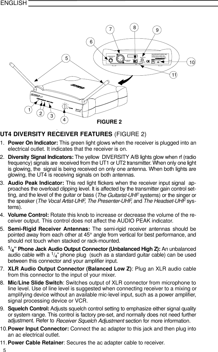 ENGLISH6710911123458SHURE BOTHERS INC. EVANSTON IL 60202 USAUT4 DIVERSTIY RECEIVER12–18 VDCDC INPUTUNBALANCEDHIGH ZBALANCEDLOW ZLINE MICSQUELCHMIN MAXFIGURE 2...........UT4 DIVERSITY RECEIVER FEATURES (FIGURE 2)1. Power On Indicator: This green light glows when the receiver is plugged into anelectrical outlet. It indicates that the receiver is on.2. Diversity Signal Indicators: The yellow  DIVERSITY A/B lights glow when rf (radiofrequency) signals are  received from the UT1 or UT2 transmitter. When only one lightis glowing, the  signal is being received on only one antenna. When both lights areglowing, the UT4 is receiving signals on both antennas.3. Audio Peak Indicator: This red light flickers when the receiver input signal  ap-proaches the overload clipping level. It is affected by the transmitter gain control set-ting, and the level of the guitar or bass (The Guitarist-UHF systems) or the singer orthe speaker (The Vocal Artist-UHF, The Presenter-UHF, and The Headset-UHF sys-tems).4. Volume Control: Rotate this knob to increase or decrease the volume of the re-ceiver output. This control does not affect the AUDIO PEAK indicator.5. Semi-Rigid Receiver Antennas: The semi-rigid receiver antennas should bepointed away from each other at 45° angle from vertical for best performance, andshould not touch when stacked or rack-mounted.6. 1/4” Phone Jack Audio Output Connector (Unbalanced High Z): An unbalancedaudio cable with a 1/4” phone plug  (such as a standard guitar cable) can be usedbetween this connector and your amplifier input.7. XLR Audio Output Connector (Balanced Low Z): Plug an XLR audio cablefrom this connector to the input of your mixer.8. Mic/Line Slide Switch: Switches output of XLR connector from microphone toline level. Use of line level is suggested when connecting receiver to a mixing oramplifying device without an available mic-level input, such as a power amplifier,signal processing device or VCR.9. Squelch Control: Adjusts squelch control setting to emphasize either signal qualityor system range. This control is factory pre-set, and normally does not need furtheradjustment. Refer to Receiver Squelch Adjustment section for more information.10.Power Input Connector: Connect the ac adapter to this jack and then plug intoan ac electrical outlet.11. Power Cable Retainer: Secures the ac adapter cable to receiver. 5